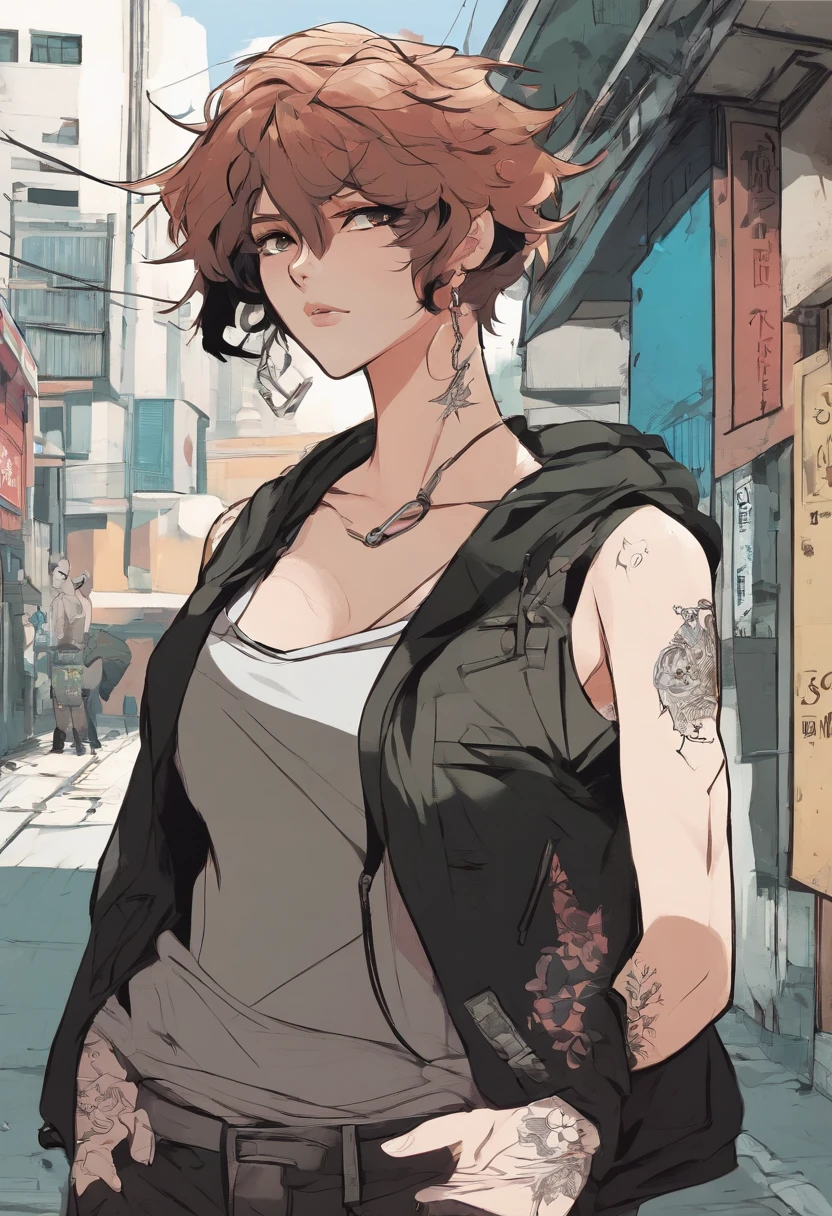 Anime illustration of a young supermodel with a toned physique, In a spicy punk crop top, Low Rise Pants, Messy Short Hair, Demonstration of various intricate tattoos, confidently standing in the middle of an abandoned street in Chiba. . Anime style, Key Visual, Vibrants, Studio anime, Highly detailed