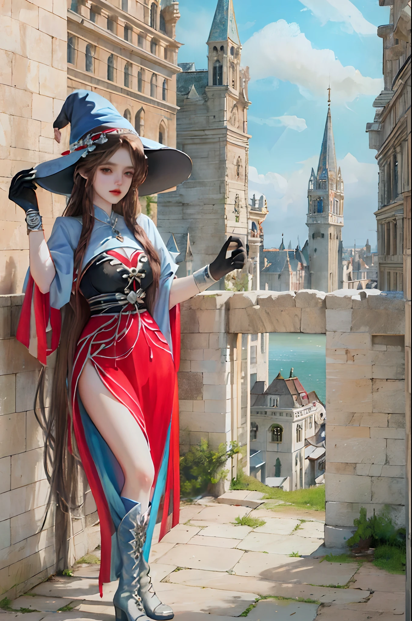 model shot, a beautiful wizard, 30-old-woman, brown hair, witch hat, intricate blue mantle, skirt, black stockings, gloves, boots, emotional, castle, landscape, fantasy art, comics style, ink painting, multicoloured, highly detailed, behance hd, 4K, oil painting, artstation, warcraft style, watercolor, artgerm --auto --s2