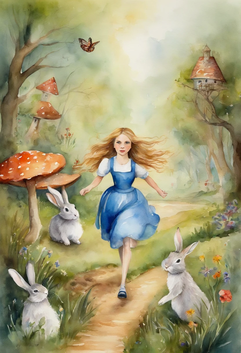 wonderland, Alice runs after a rabbit with a watch