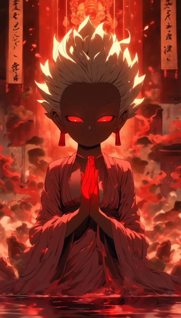 Blood red room, Flashing white TV screen, BUDDHA STATUE, cabelos preto e longos, with hair dishevelled, Cover one eye and face, Bright red eyes, Wearing a white transparent robe, Looming full breasts,liquor,Devil, reaching out her hands,Straighten your body, Red nails are exposed, Pinch the camera, hyper HD, Anatomically correct, Textured skin, Super detail, High details, High quality, A high resolution, 8K, hyper HD, Anatomically correct, Textured skin, Super detail, High details, High quality, Best quality, 8K,Leishnampo,Room 2,Horror