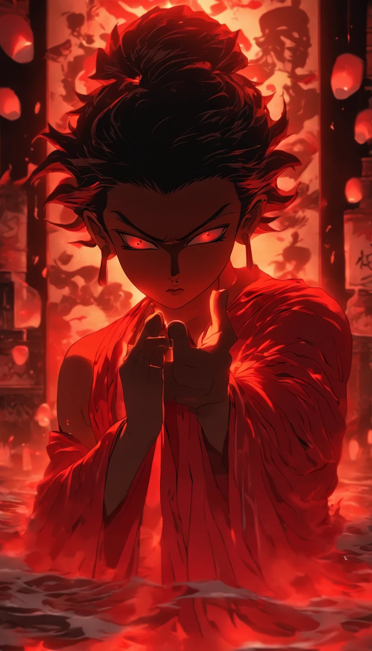 Blood red room, Flashing white TV screen, BUDDHA STATUE, cabelos preto e longos, with hair dishevelled, Cover one eye and face, Bright red eyes, Wearing a white transparent robe, Looming full breasts,liquor,Devil， reaching out her hands，Straighten your body, Red nails are exposed, Pinch the camera, hyper HD, Anatomically correct, Textured skin, Super detail, High details, High quality, A high resolution, 8K, hyper HD, Anatomically correct, Textured skin, Super detail, High details, High quality, Best quality, 8K,Leishnampo,Room 2,Horror
