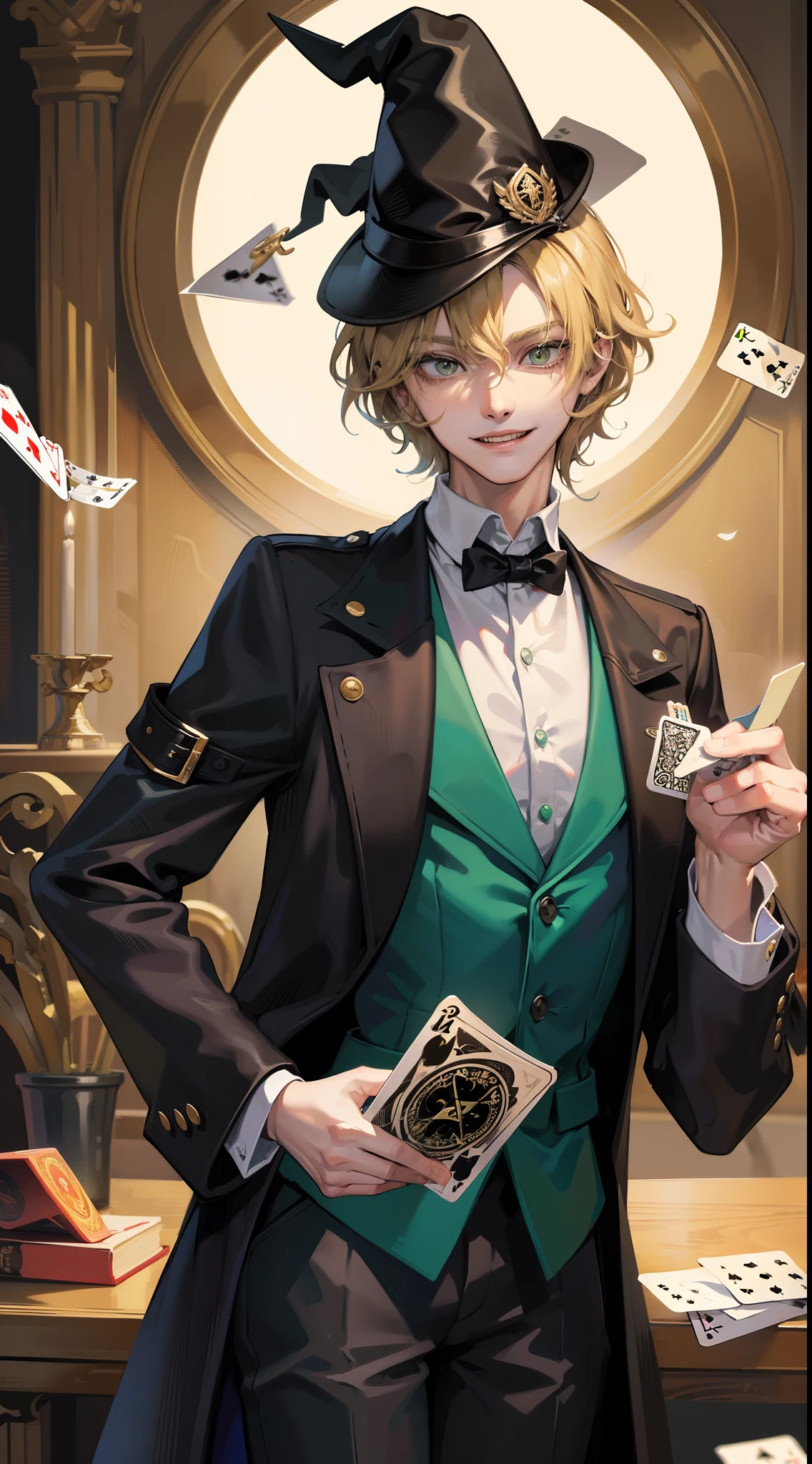 young boy, short curly blonde hair, Green eyes, smirk, evil, wizard hat, Magician's jacket, Magician Form, cane, playing cards, a joker, Masterpiece, hiquality, 4k, HD, Good detail