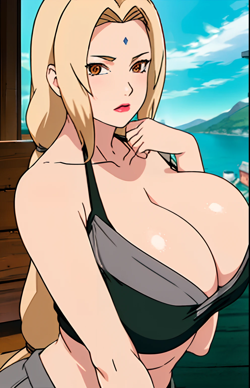 (huge tits), black bra, black panties, fullbody, cleavage, good anatomy, masterpiece, best quality, 4k, 8k, professional photography, soft light, sharp focus, 1 girl, blonde hair, outdoor, blonde hair, parted banks, detailed face+brown eyes, open lips, lipstick, close up view, (mountain), (lake)