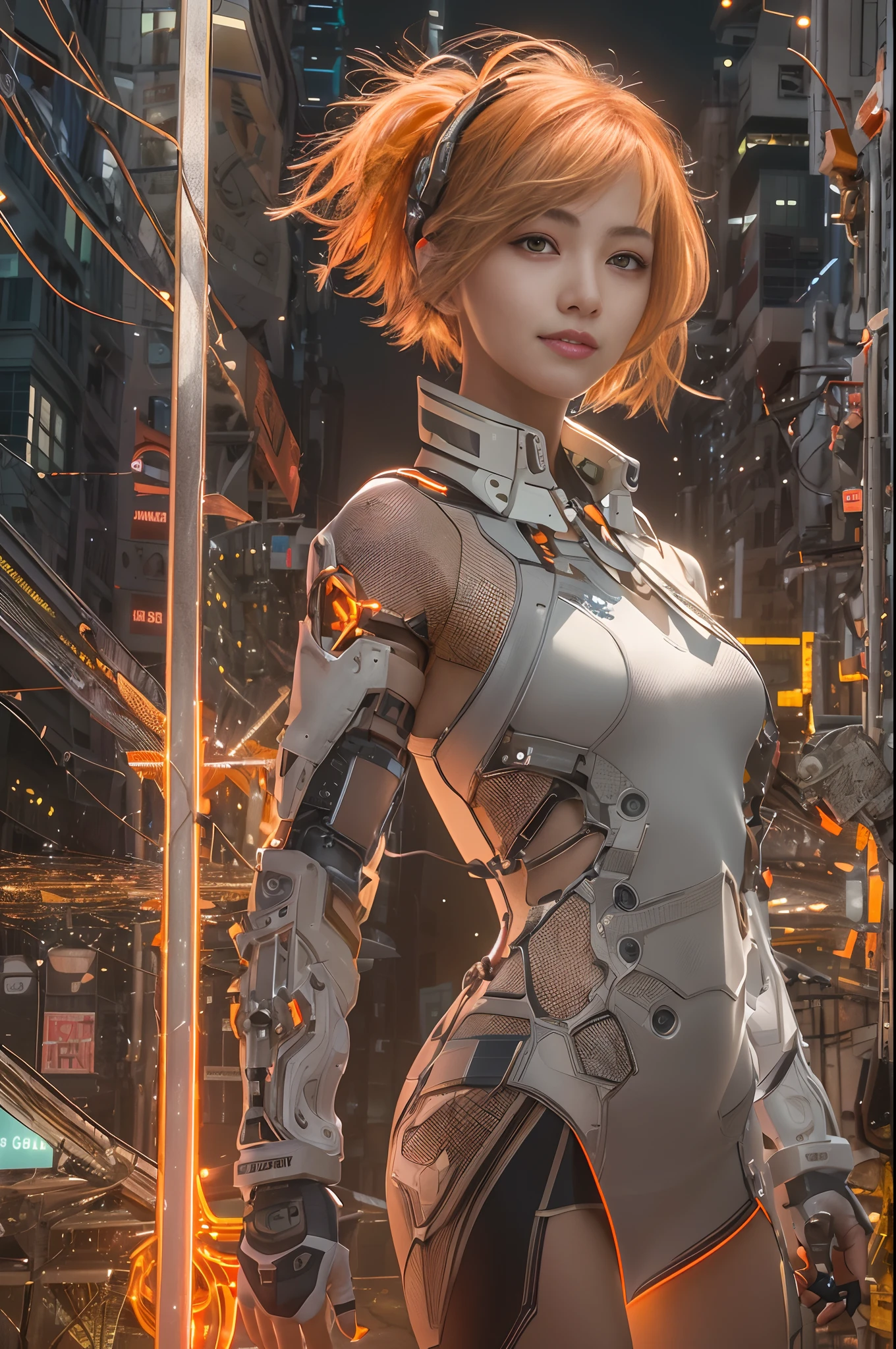 Cybernetic arm and glowing cyber girl,(J Women's Uniform,a sailor suit,White skirt,),Strenuous movements,Add a motion blur effect to simulate motion,Stand on a post-apocalyptic battlefield cityscape.Surrounded by a network of wires. Surrounded by a web of circuits. (Cyber Girl with Orange Glowing Sword:1.3), glossy light brown and orange two-tone color,,short-hair,disheveled ponytail,Cute smile,Perfect round face,Black eyes,A cheerful smile that makes the viewer happy,Proper body proportion,Intricate details,Very delicate and beautiful hair,photos realistic,Dreamy,Professional Lighting,realistic shadow,Solo Focus,Beautiful hands,Beautiful fingers,Detailed finger features,detailed clothes features,Detailed hair features,detailed facial features,(masutepiece,top-quality,Ultra-high resolution output image,) ,(The 8k quality,),Science fiction fantasy