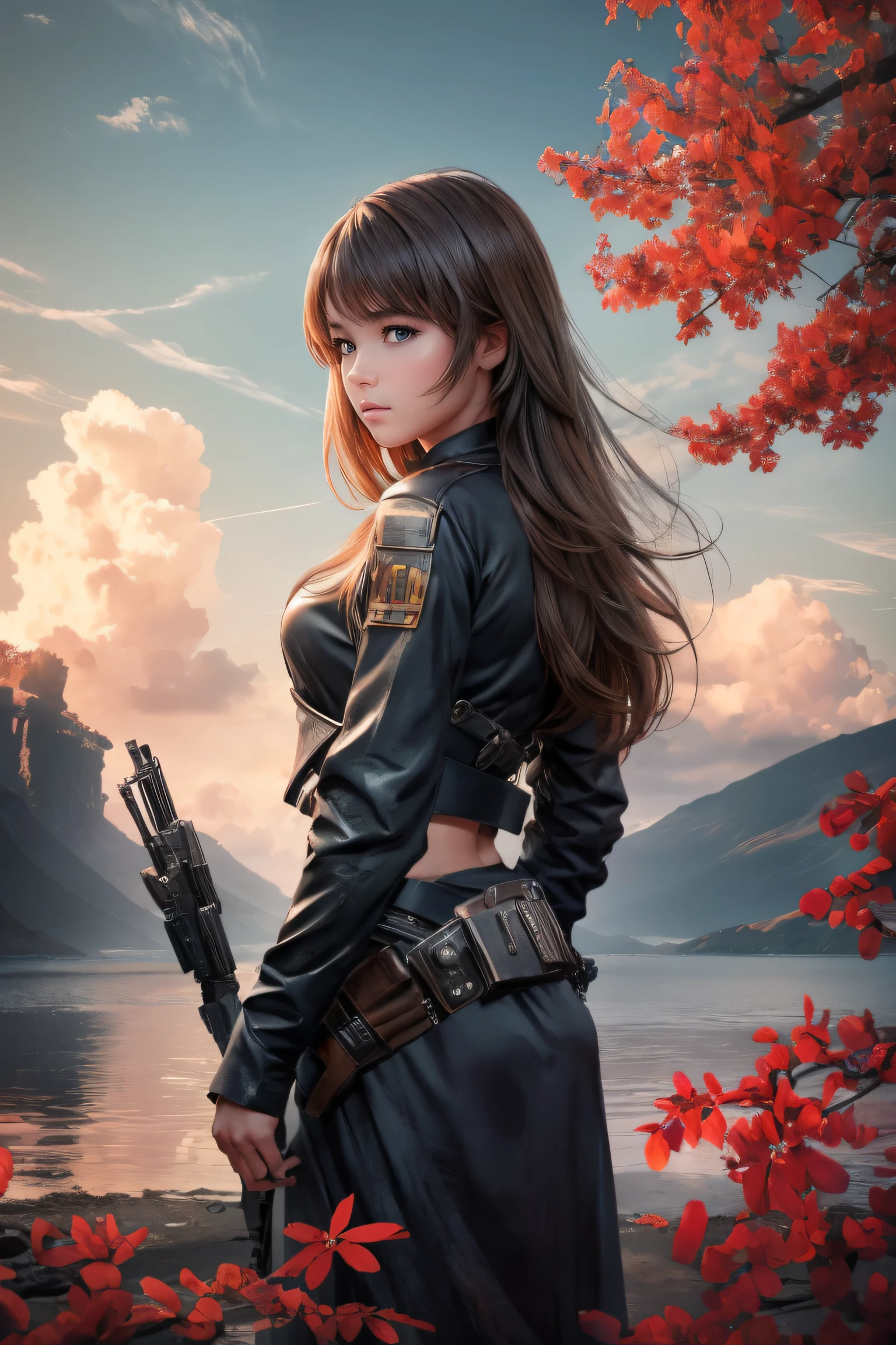 (Solo:1.3)), 1girll, Best quality, Realistic, Photorealistic, Best quality, Masterpiece, Very delicate and beautiful, Very detailed, (self-shot:1.2), finedetail, Ultra detail, High definition, Very detailed, Realistic, hyper HD, Best quality, hyper HD, (Real:1.4), High quality texture, Wearing a bark texture costume, Long hair , There are leaves on the hair,Afternoon light, Spectacular sky and clouds
