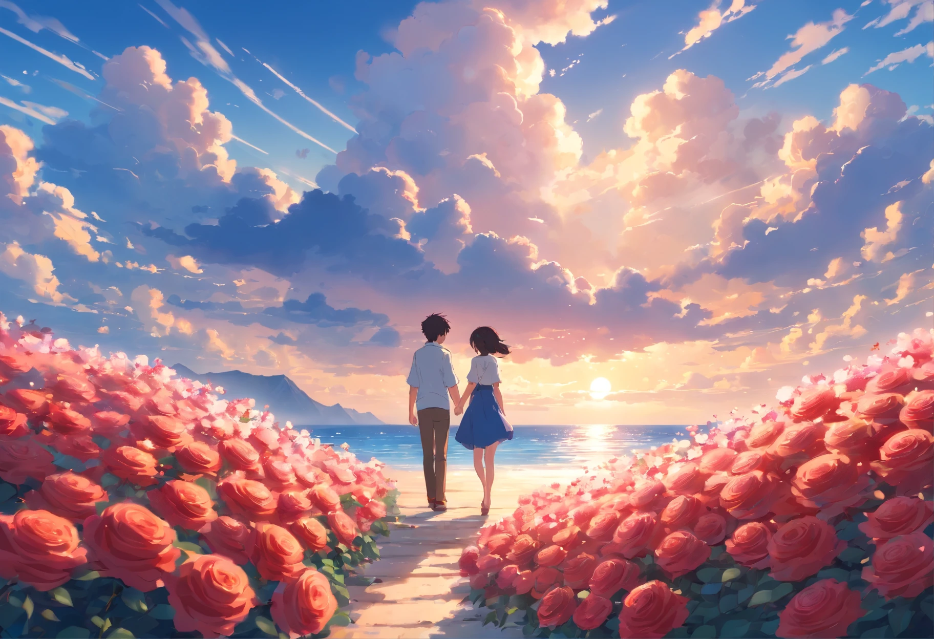 In a romantic atmosphere,couple cuddling,Stroll through the Sea of Roses,Under the blue sky and white clouds,Feel the romantic theme of Valentine's Day。