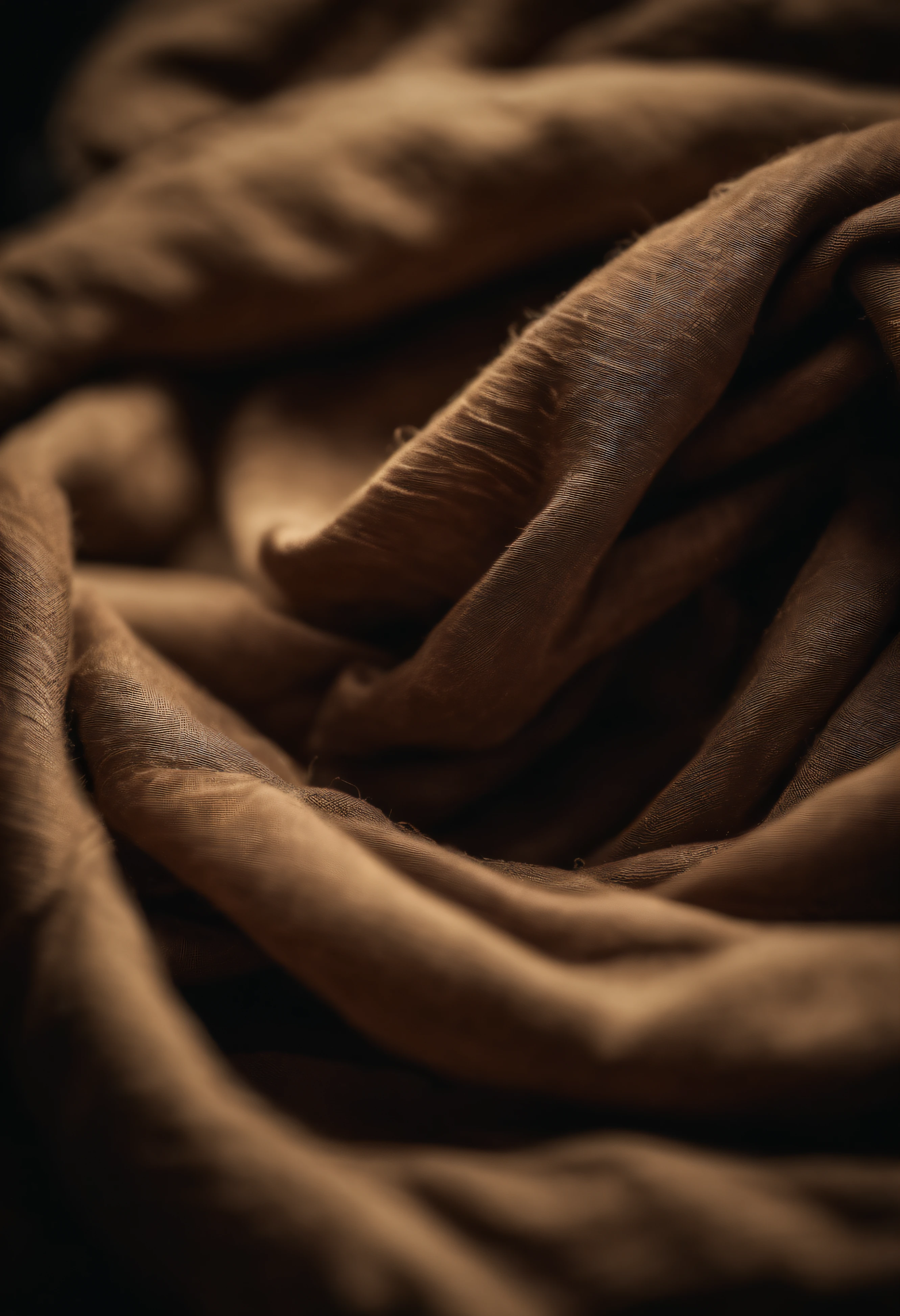 focus on knotted brown rough fabric, high detail, dirty