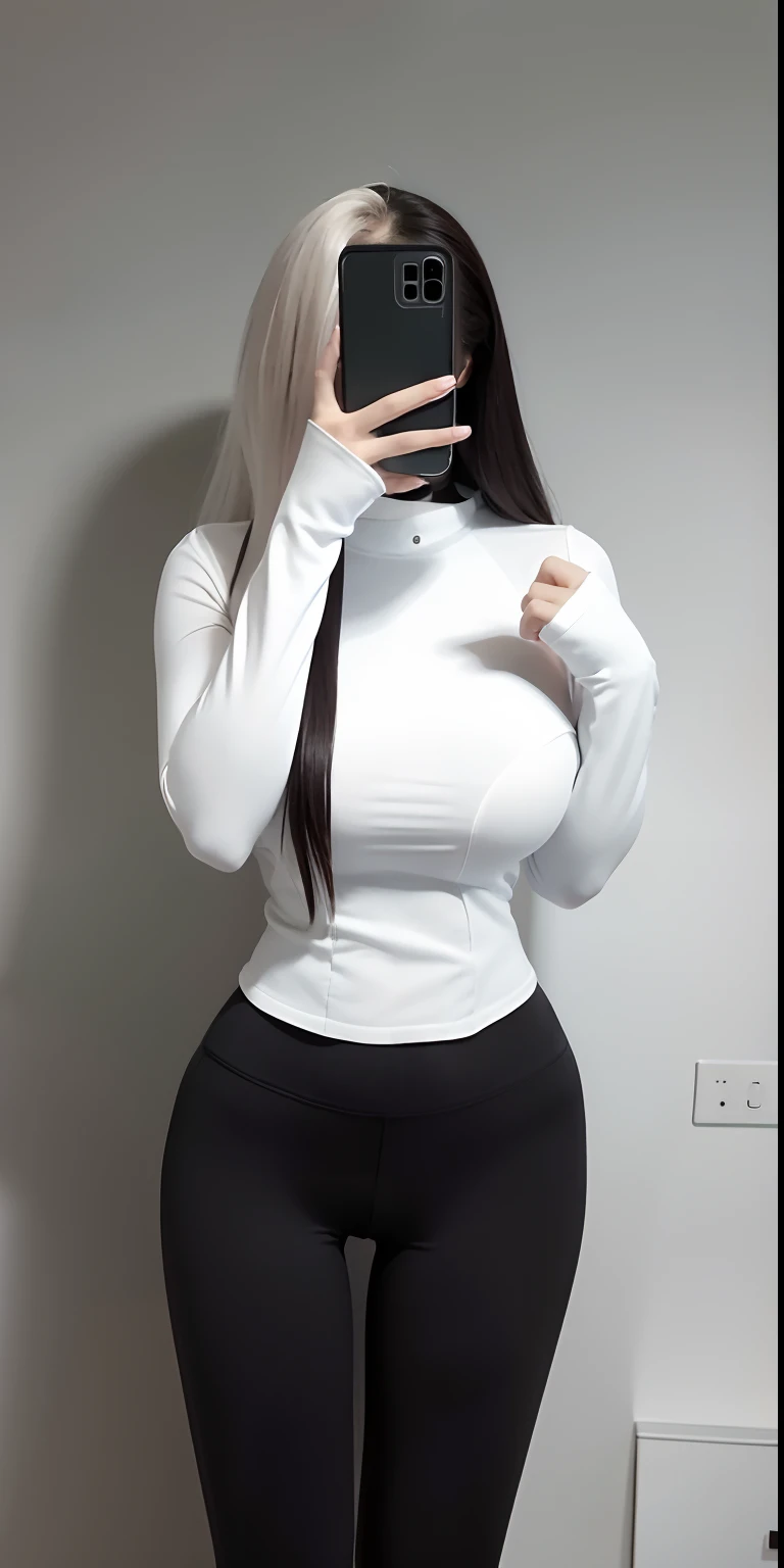 A woman takes a selfie wearing a white top and black pants, smooth white tight clothes suit, wearing tight simple clothes, thicc, Jacket, generous cleavage open jacket, Open V chest clothes, Short jacket, White jacket, tight costume, cropped shirt with jacket, 4 0 9 6, jacket over bare torso, she has a jiggly fat round belly