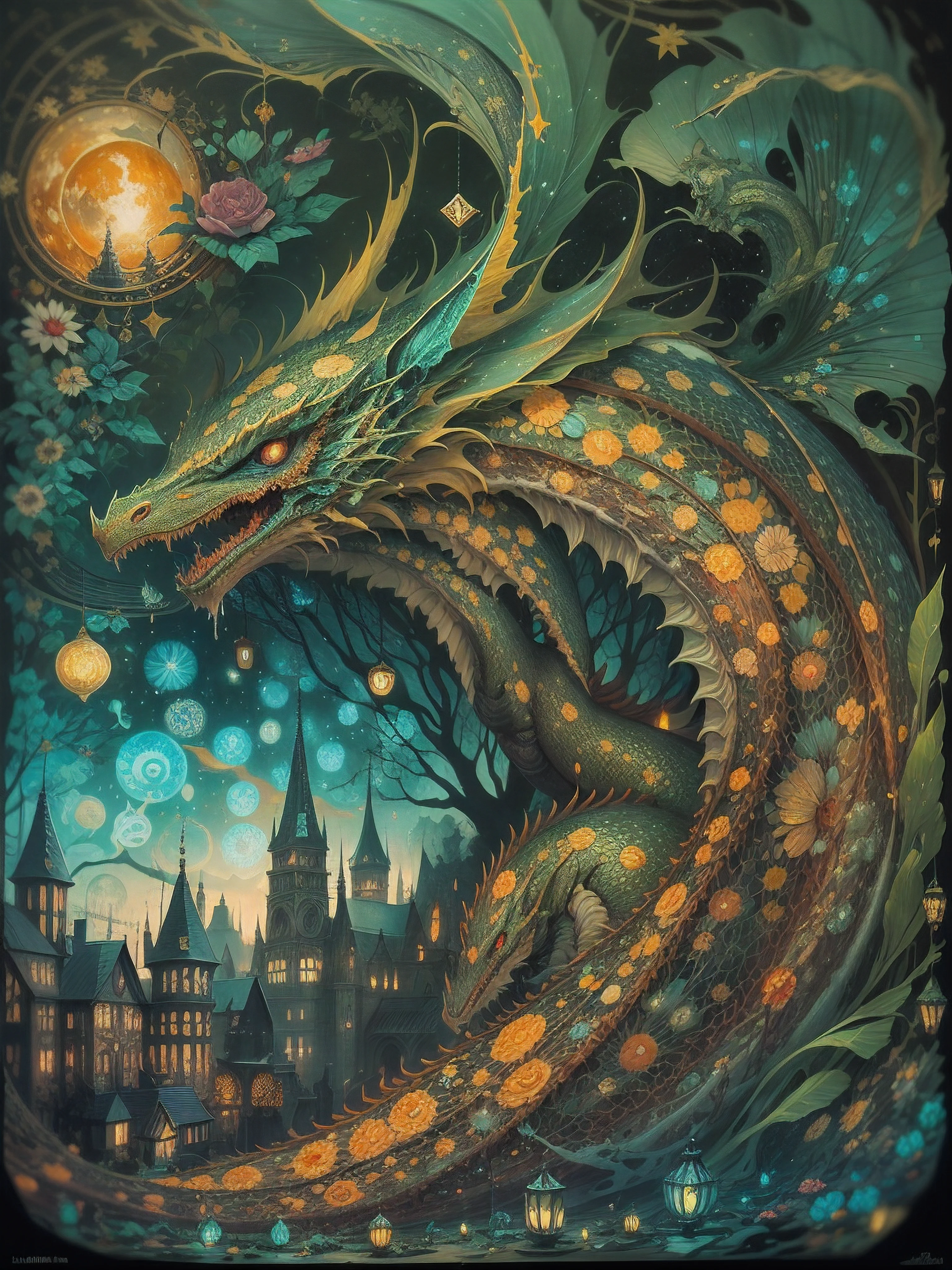 funky, weird, strange, mystical, magical fantasy art is done in oil paint and liquid chrome, liquid gold, liquid black, liquid rainbow, splattered paint, two parts in one art, double exposure, best quality, dark tales, art on a cracked paper, fairytale, patchwork, stained glass, storybook detailed illustration, cinematic, ultra highly detailed, tiny details, beautiful details, mystical, luminism, vibrant colors, complex background, two parts in one art, double exposure, best quality, dark tales, Van Gogh "Starry night", modern fantasy city, detailed dragon flying at the sky, 2d, flat, cute, adorable, vintage, art on a cracked paper, fairytale, patchwork, stained glass, storybook detailed illustration, cinematic, ultra highly detailed, tiny details, beautiful details, mystical, luminism, vibrant colors, complex background