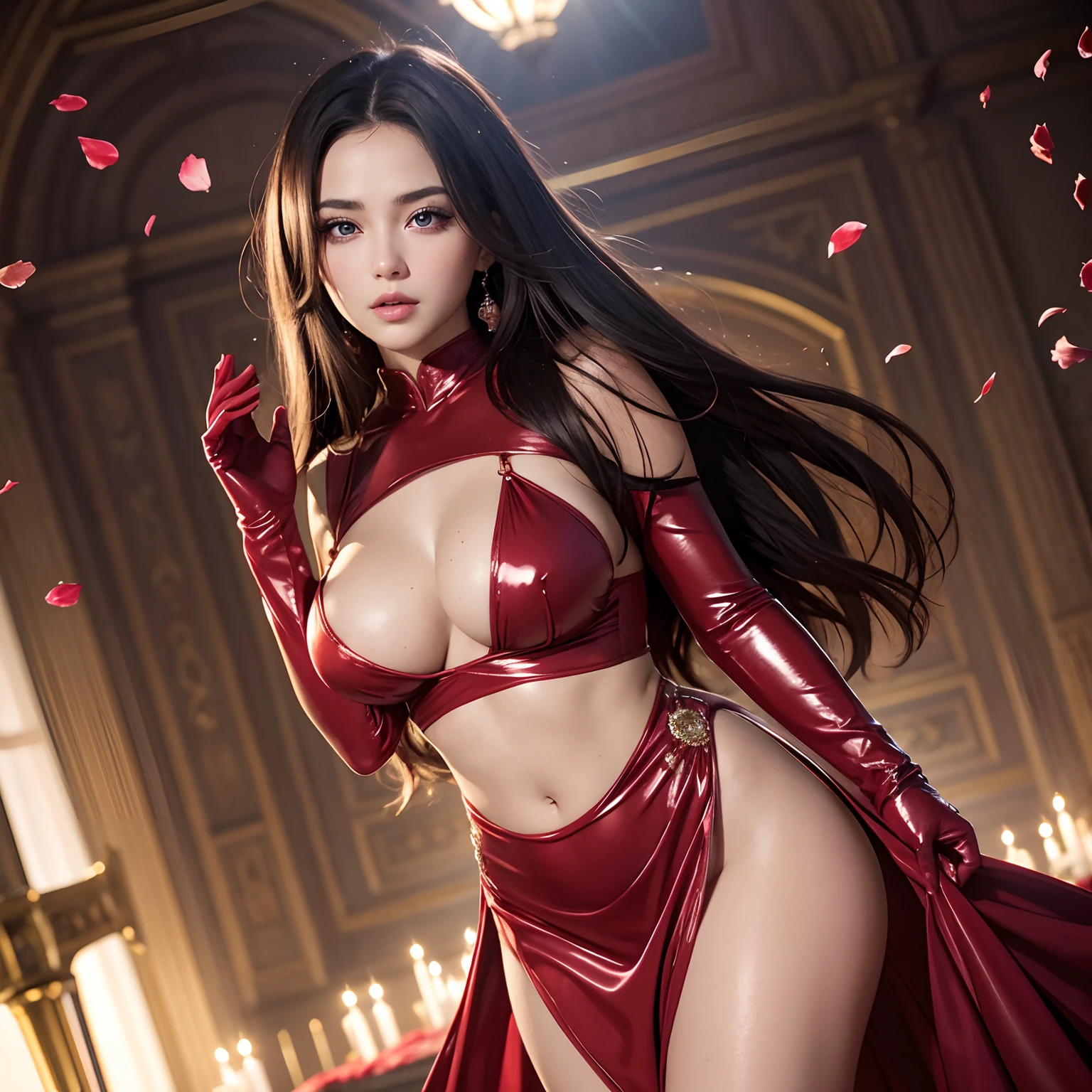finest image, portrait, female, sexy, beautiful, cute, amorous expression, lewd expression, ecstasy, orgasm, light brown glossy flowing layered iridescent hair, blue sparkling big eyes, double eyelids, red alluring moist lips, huge breasts, under boobs, side boobs, abs, great proportion, red long dress, red long gloves, background royal palace, many falling petals, professional lighting