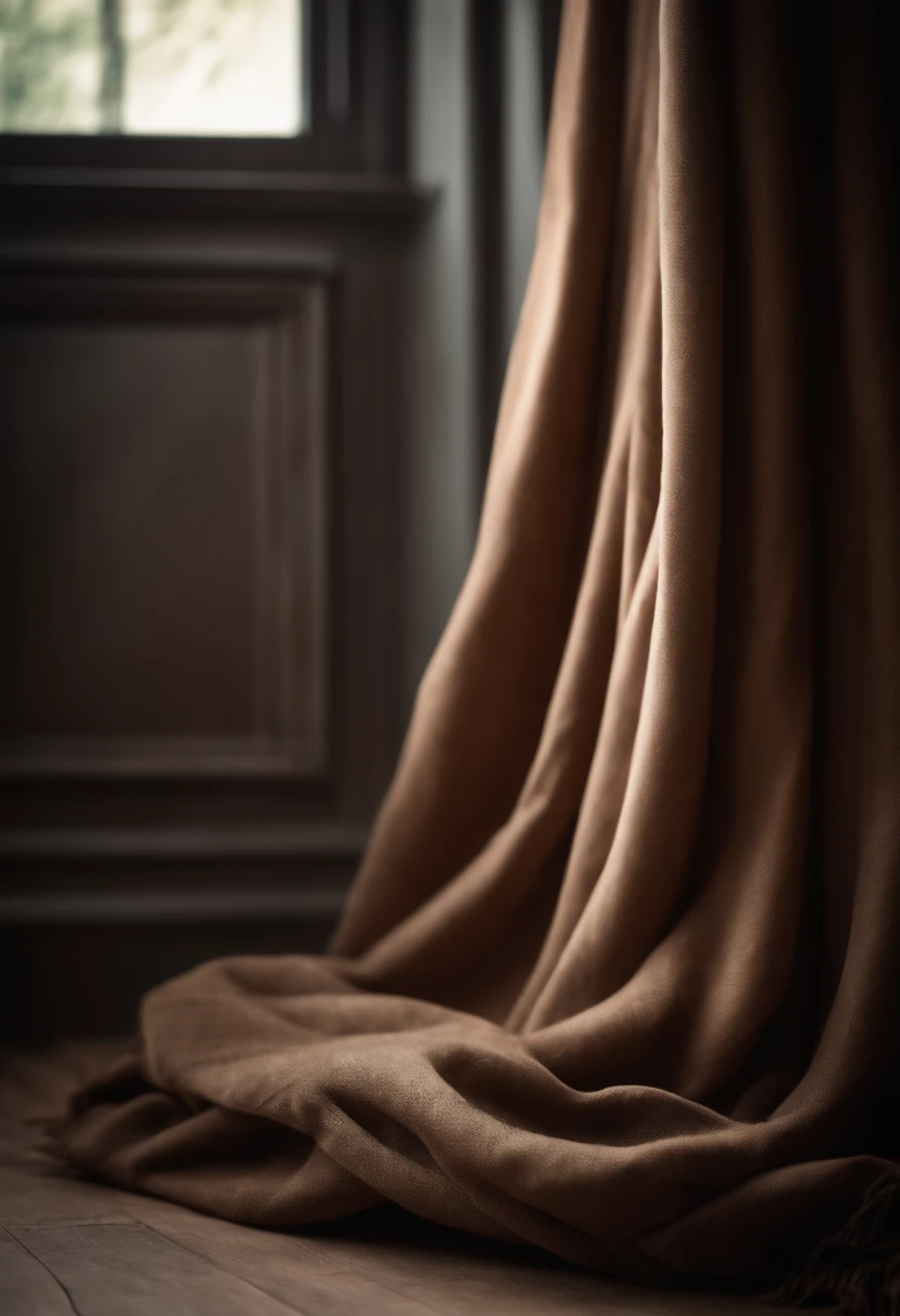 focus on raw brown fabric leaning on a corner, high detail, very 