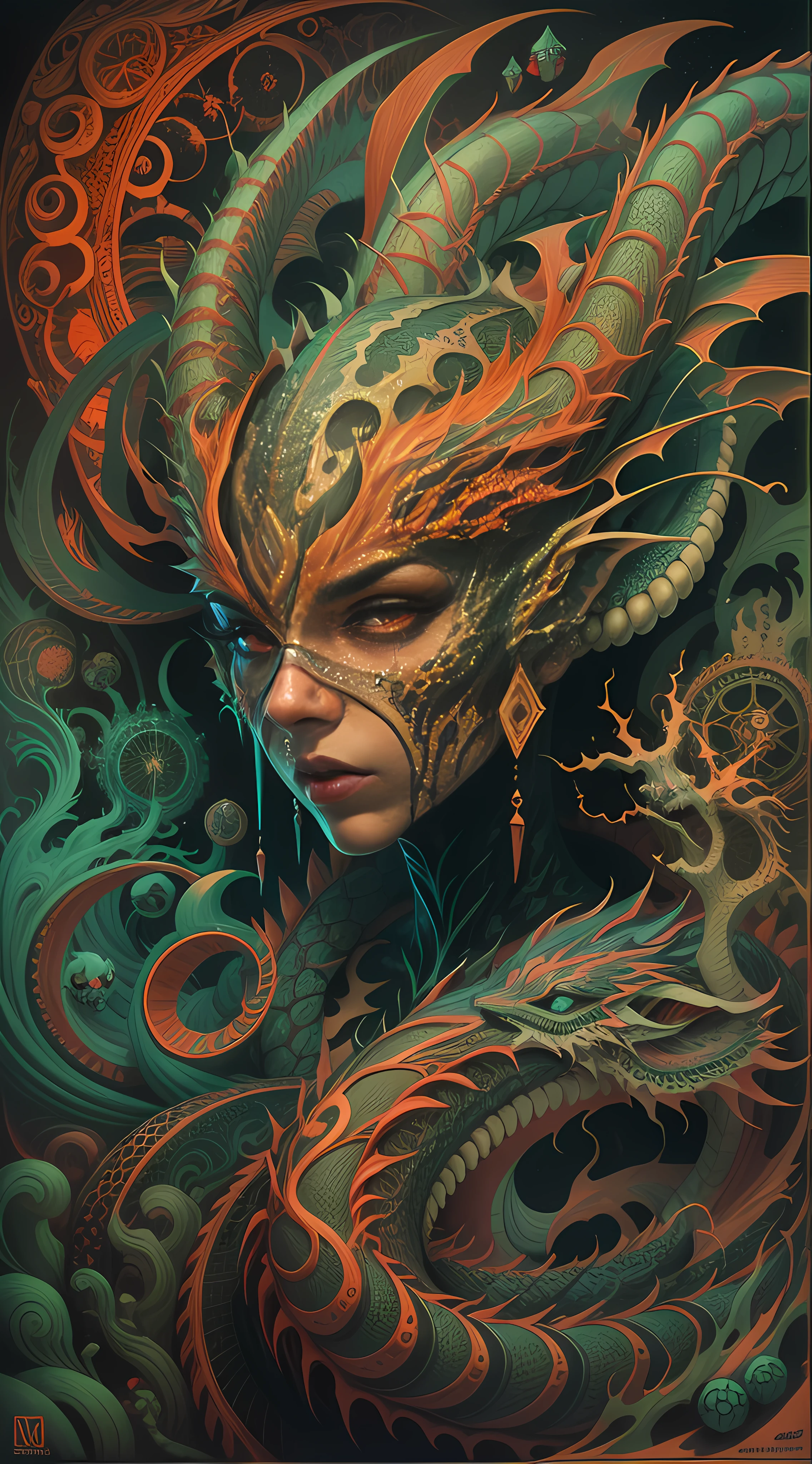 Epic mutated hollow satanic dragon girl by Arkhan zentangled in a hyper surrealistic maze in a 3D jigsaw puzzle landscape, tattoo, filigree, synthwave, op art, chiaroscuro, strong colors, intense light, catchlight, high contrast, thick strokes, oil dripping, oil splash, surrealism, Richard Corben and Barkley Shaw, punk, Andy Kehoe
