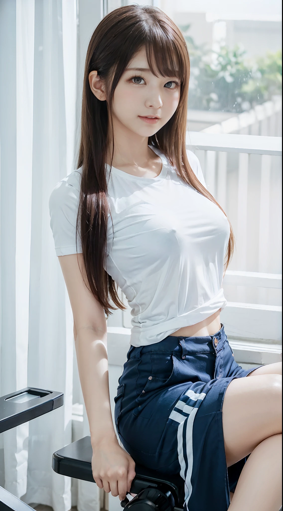 Sexy and very beautiful cute face、shiny beautiful skin、White beautiful skin、Beautiful pale light blue eyes, Beautiful very long blonde hair、Sexy swaying bangs、18 years old cute little face beautiful girl、Long T-shirt、(White Long Trainer:1.2)、casual pants、(dynamicposes:1.4)