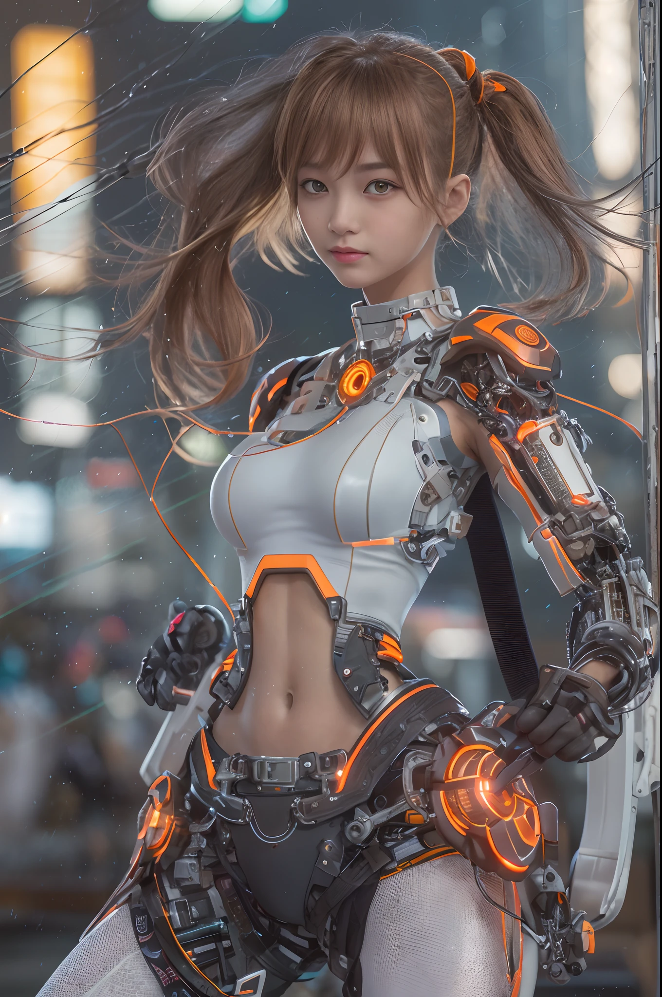 Cybernetic arm and glowing cyber girl,(J Women's Uniform,a sailor suit,White skirt,),Strenuous movements,Add a motion blur effect to simulate motion,Stand on a post-apocalyptic battlefield cityscape.Surrounded by a network of wires. Surrounded by a web of circuits. (Cyber Girl with Orange Glowing Sword:1.3), glossy light brown and orange two-tone color,,,,,,,,short-hair,disheveled ponytail,Cute smile,Perfect round face,Black eyes,A cheerful smile that makes the viewer happy,Proper body proportion,Intricate details,Very delicate and beautiful hair,photos realistic,Dreamy,Professional Lighting,realistic shadow,Solo Focus,Beautiful hands,Beautiful fingers,Detailed finger features,detailed clothes features,Detailed hair features,detailed facial features,(masutepiece,top-quality,Ultra-high resolution output image,) ,(The 8k quality,),Science fiction fantasy