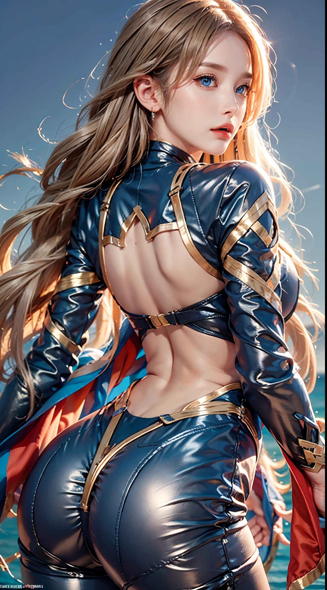 photorealistic, masterpiece, photorealistic, high resolution, soft light, hips up, (blue eyes, blonde hair), long hairsupermansuit, blue bodysuit,cape, back view