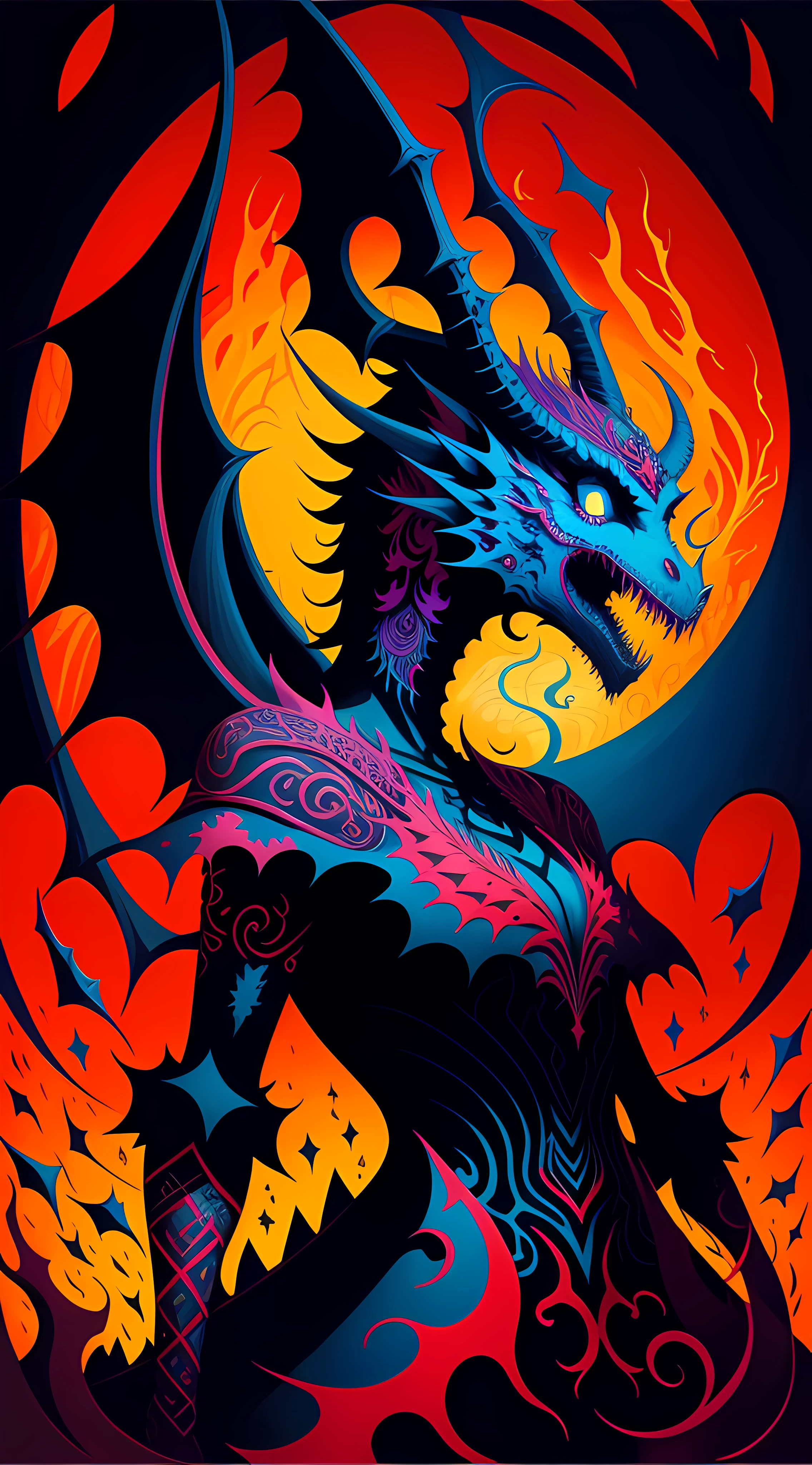, a poster, two demon-looking dragons, colorful hair, surrounded by other demonic dragons in a psychedelic space, Dan Mumford, Josan Gonzales and Dan Mumford, poster art, psychedelic art