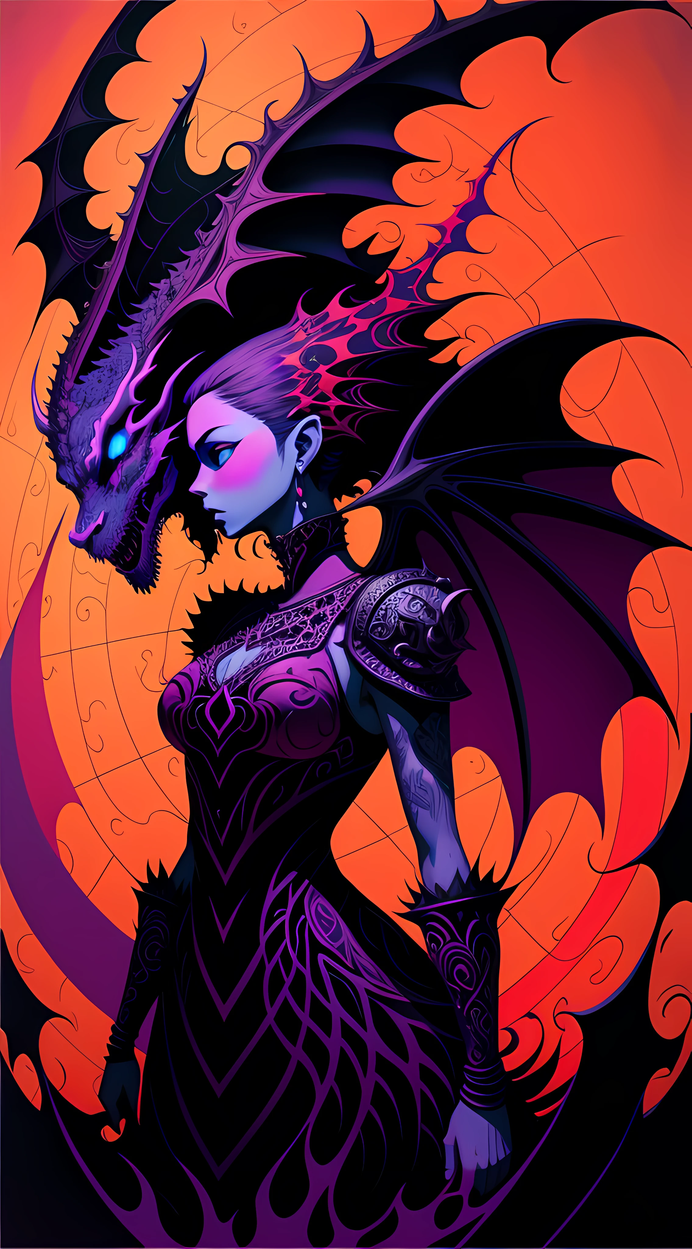 Epic mutated hollow satanic dragon girl by Arkhan zentangled in a hyper surrealistic maze in a 3D jigsaw puzzle landscape, tattoo, filigree, synthwave, op art, chiaroscuro, strong colors, intense light, catchlight, high contrast, thick strokes, oil dripping, oil splash, surrealism, Richard Corben and Barkley Shaw, punk, Andy Kehoe