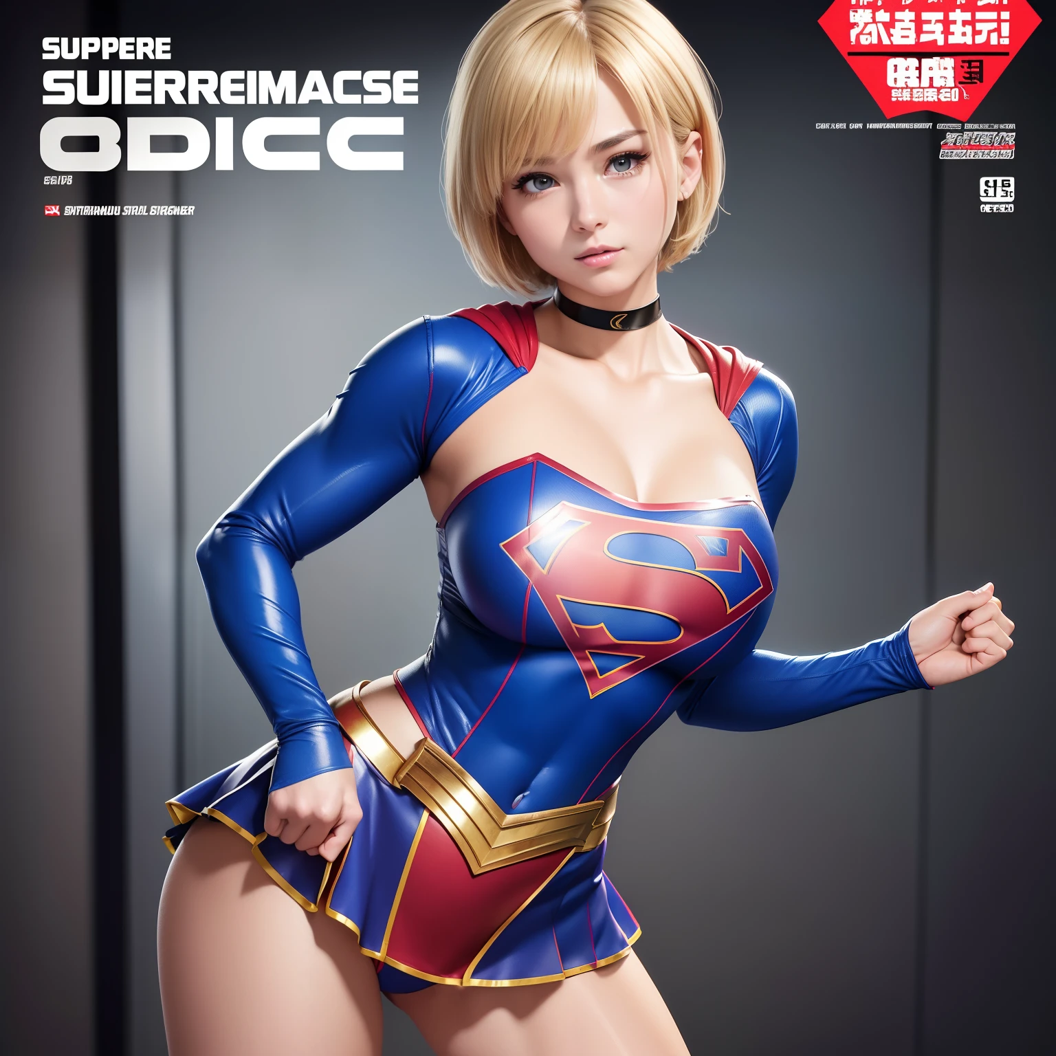 (Best Quality,4K,8K,hight resolution,masutepiece:1.2),Ultra-detailed,Realistic:1.37,Super masterpiece,Short-haired Supergirl、Gymnasium、bare-legged、Looking at the camera、large full breasts、Too short miniskirt、highleg、Wrestlers、Magazine covers、Glossy costume、a choker