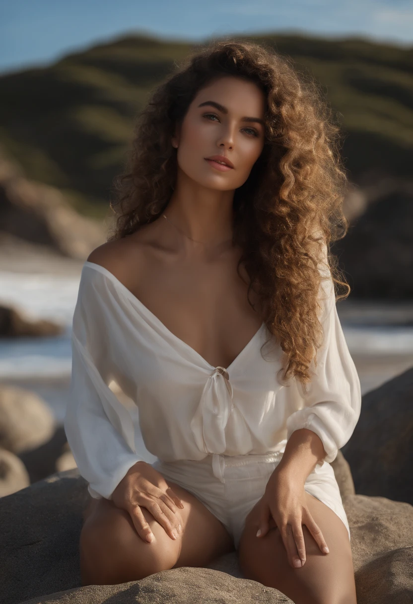 A great picture of a girl, fullnude, (((Very heavy bust))), Wavy curly hair, is sitting on a rock, Next to the beach, Gaze at the camera, Eye symmetry, Face scale, Fotorrealista, Cinematographer, Route tracking, mirror lighting, Stereoscopic light of the face, The path traced by the hair, visible shadows, 复杂, exquisite, ultra-realistic realism，Opal top，With a necklace，Cashew-shaped opal stone