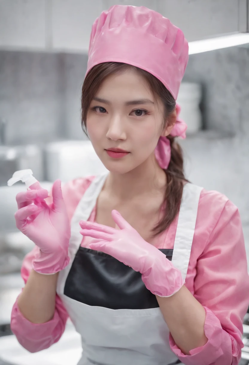 Meilin from Advanced Metal Gear Research Institute. Highly realistic. rubber glove、Pink rubber gloves、Pink cooking gloves、Long gloves、Glossy gloves、Glossy apron、Getting wet with white liquid