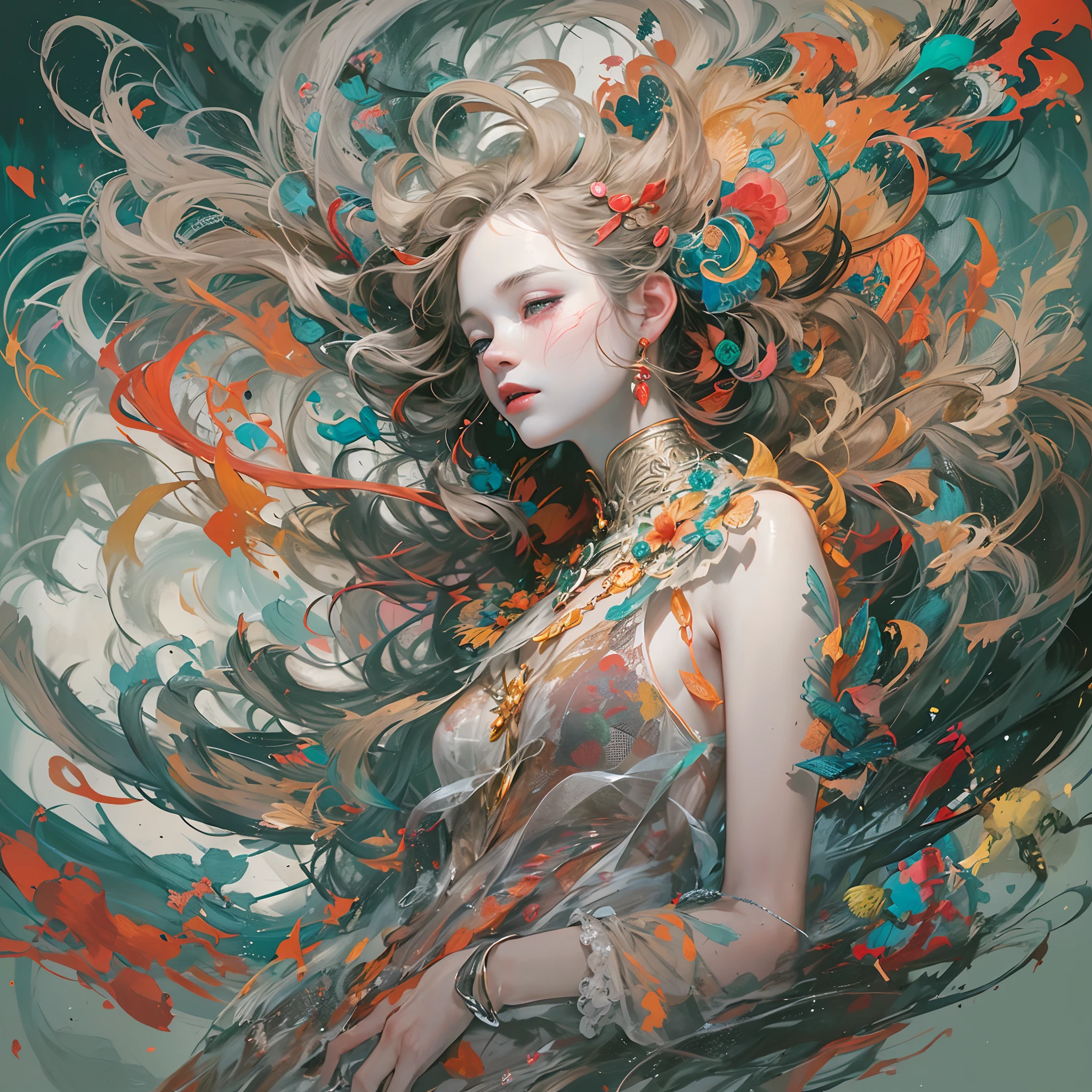 offcial art,Unified 8K wallpapers,ultra - detailed,Beauty and aesthetics,tmasterpiece,best qualtiy,(zentangle,datura,Tangles,entangled),(s fractal art:1.3),1girll,The is very detailed,dynamic angle,cow boy shot,The most beautiful form of chaos,elegant,Fauvist design,vivd colour,romanticism lain,James Jean,Robbie Devi Antono,ross tran,Francis Bacon,Michal Mraz,adrian ghenie,petra cortright,Gerhard Richter,Takato Yamamoto,Ashley Wood,Atmospheric,A note of ecstasy,streaming musical notes visible,no clothes are worn,Bouguereau,John William Goldward