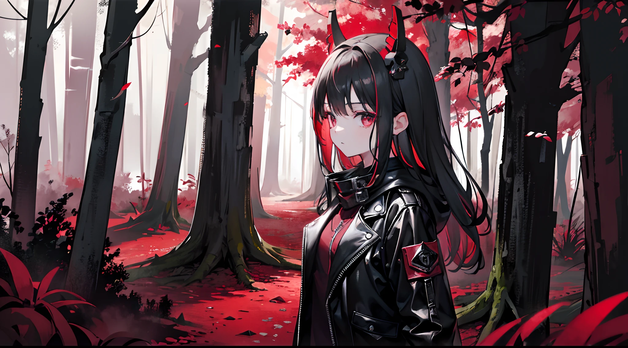 1girl, on the right side of the screen, skull mask, black leather jacket, blood, dark gray background, burgundy color background, forest background, old trees in the background, 8k, masterpiece