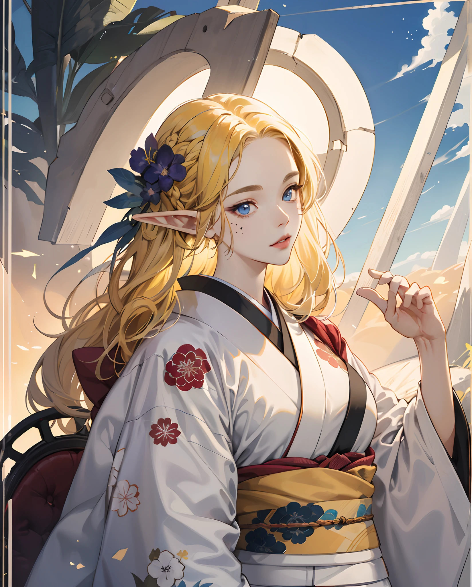 An Elf, blue eyes, yellow hair that reaches her shoulders, braid on the left side of her hair. Beauty Mark on the left cheek, she is also very beautiful and voluptuous figure,She usually wears kimono silver colour,  Highly quality, highly texture, highly detailed, semirealist anime