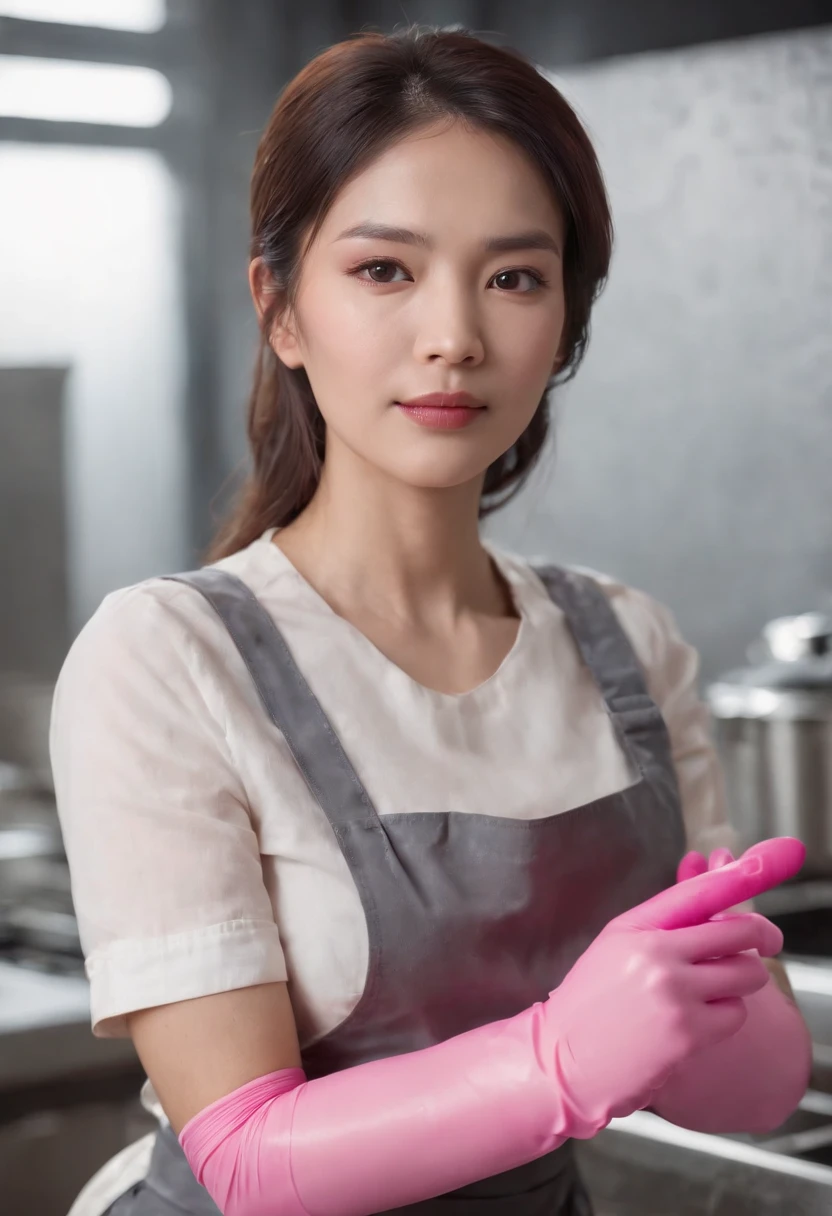 Meilin from Advanced Metal Gear Research Institute. Highly realistic. rubber glove、Pink rubber gloves、Pink cooking gloves、Long gloves、Glossy gloves、Glossy apron、Gripping the