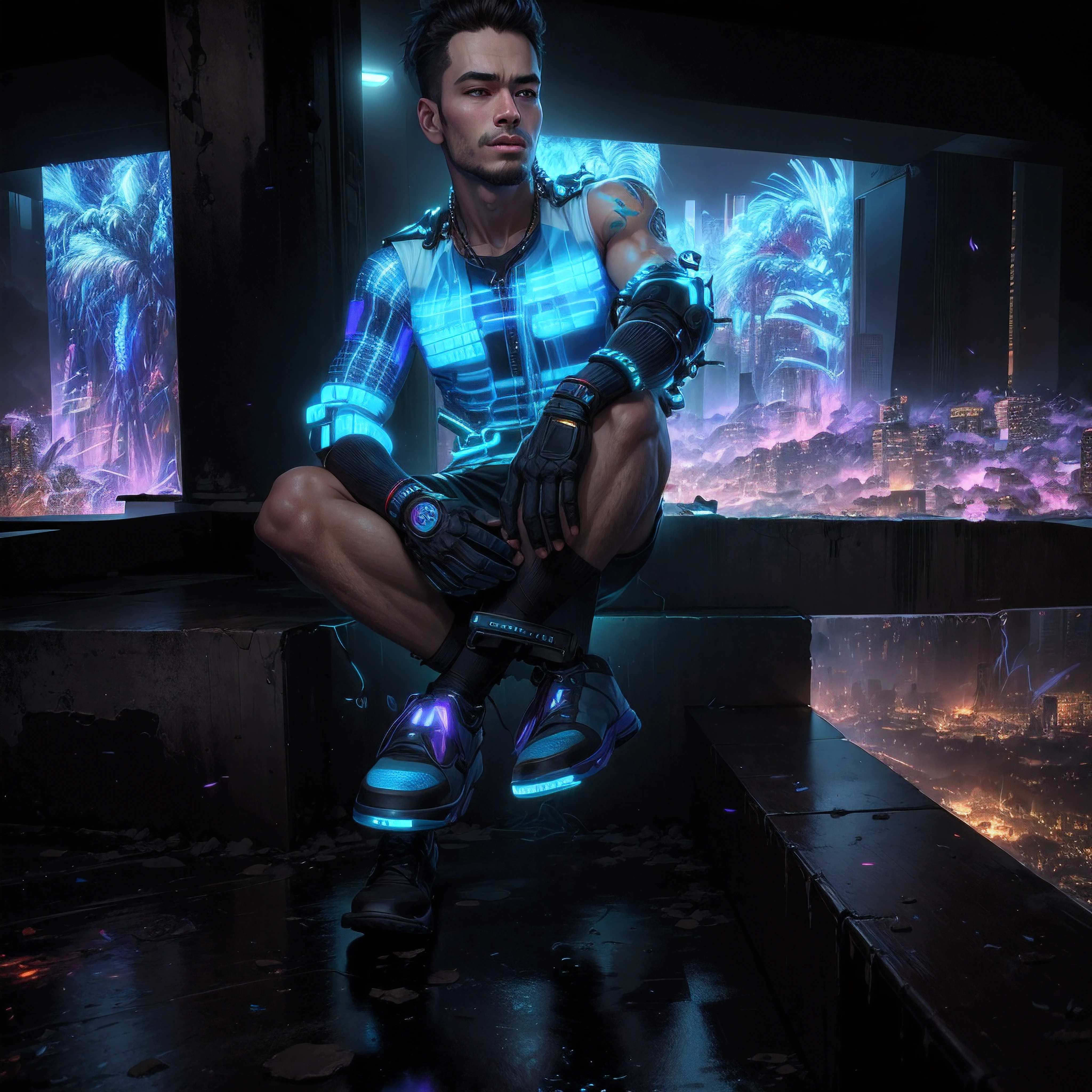 change backgroung cyberpunk handsome boy , hyper realistic face, muscular body , 8k , ultra realistic ,