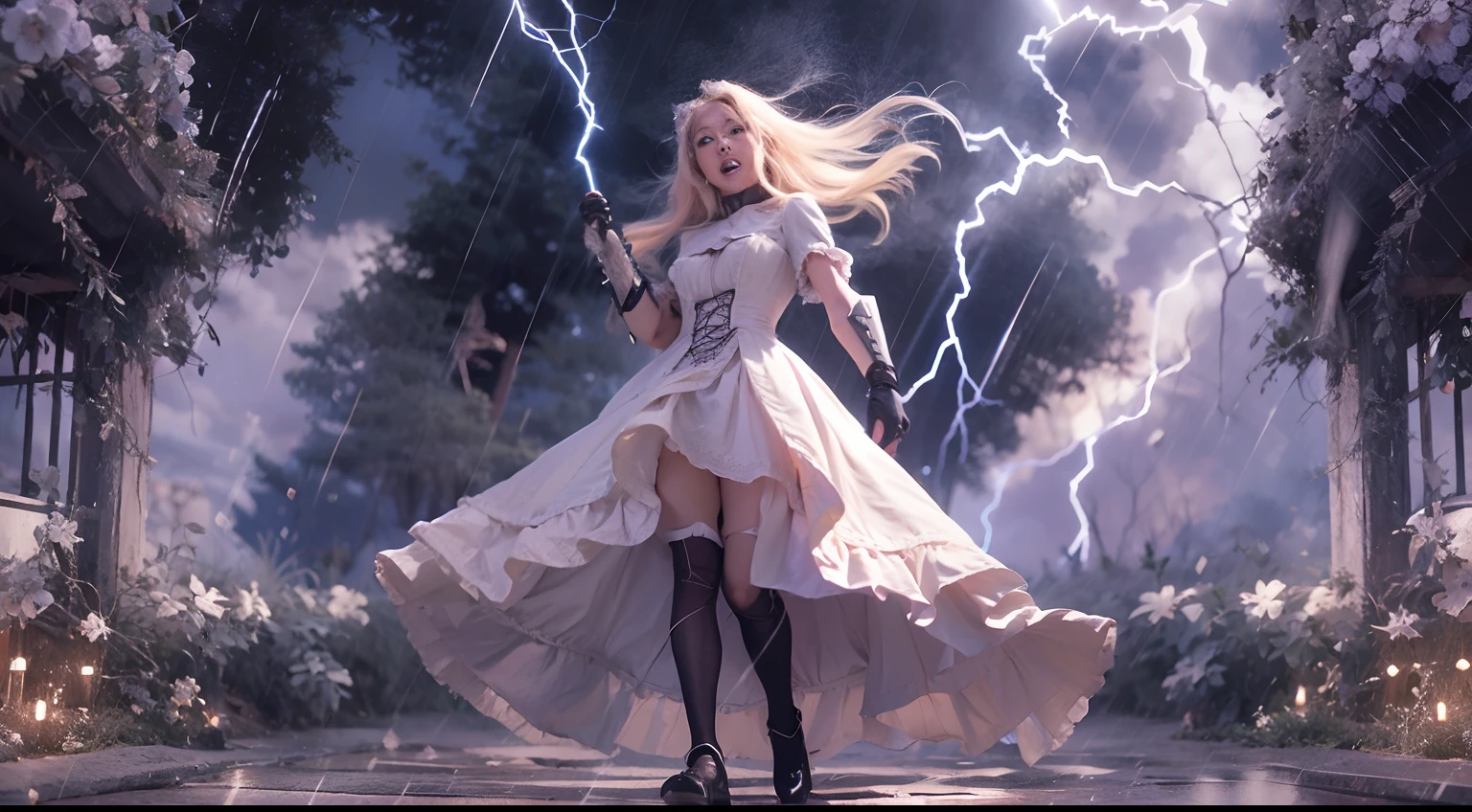 No campo de batalha da tempestade, Uma mulher vestida com um traje de ta empunha uma arma infundida com o poder do elemento de fogo.( Rain and lightning danced around him), Echoing the strength of his determination,Because it embodies the power of the forces of nature in battle.arte oficial, Papel de parede 8k, ultra detalhado, Beautiful and Aesthetic, Beautiful, master part, best quality,(Foco nas coxas para cima),rosto claro,olhos detalhados,(vento,Flowing strands of hair,Fluttering skirt)
