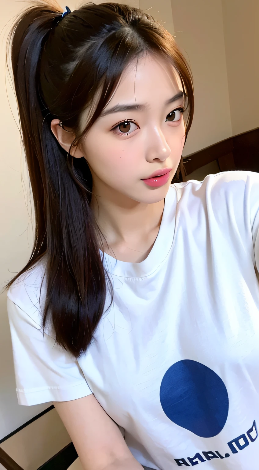 (​masterpiece:1.3), (in 8K, Photorealsitic, Raw photography, Top image quality: 1.4), Japan high school girls、(Random hairstyles:1.2)、Super Detail Face、Eye of Detail、二重まぶた、foco nítido:1.2、prety woman:1.8、light brown hair、top-quality、​masterpiece、超A high resolution、(Photorealsitic:1.4)、very detailed and professional lighting、Duck-mouth、tareme:1.8、slender、((Gloss on lips))、Oversized T-shirt、Head to thigh