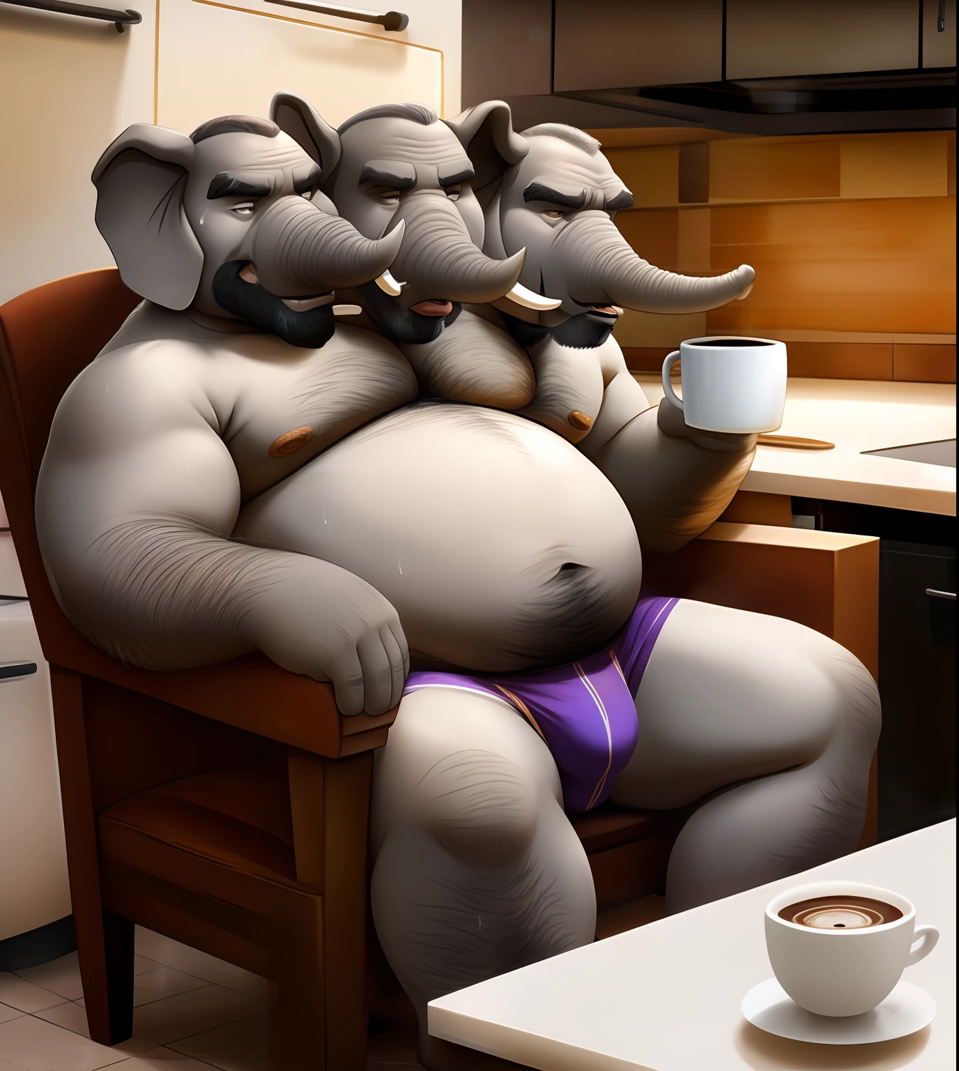 photo of 2heads, elephant, fat, heavy, older male, old, white skin, three headed, hairy chest, kitchen background, sitting on chair, coffee mug, short grey hair, bald, thick grey mustache, thick grey beard, sweaty, old, frowning, briefs