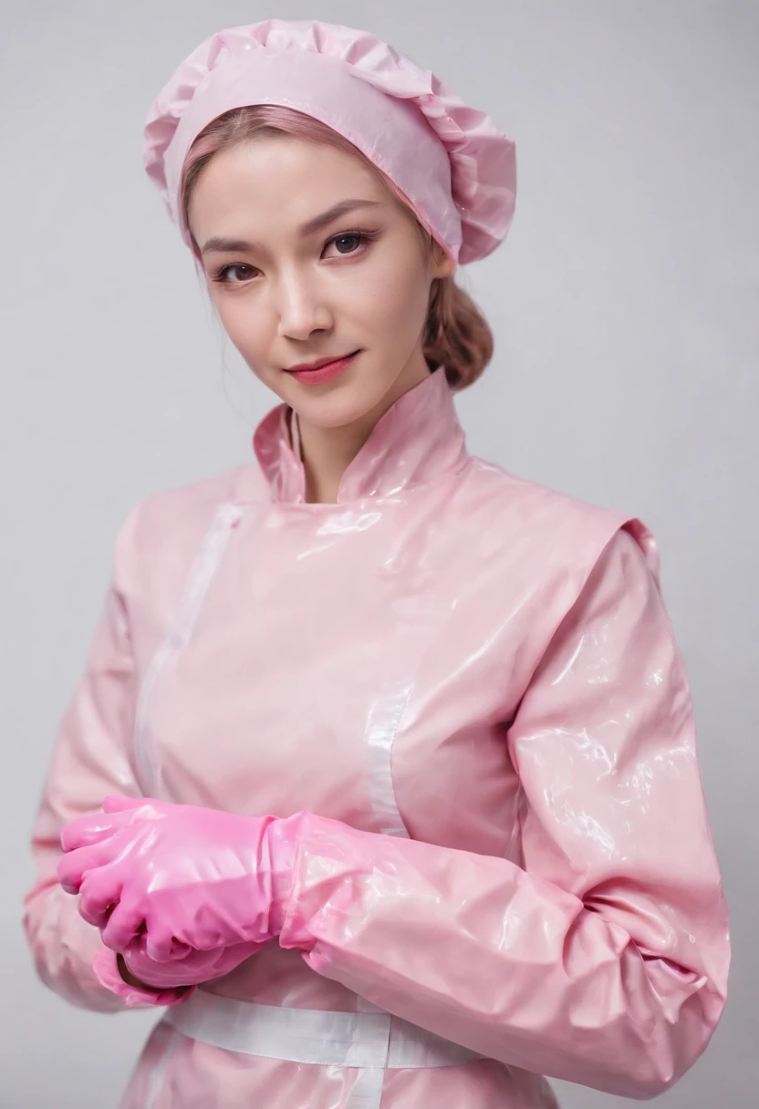 Meilin from Advanced Metal Gear Research Institute. Highly realistic. rubber glove、Pink rubber gloves、Pink cooking gloves、Long gloves、Glossy gloves、Glossy apron、Getting wet with white liquid
