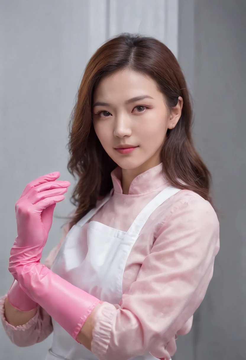 Meilin from Advanced Metal Gear Research Institute. Highly realistic. rubber glove、Pink rubber gloves、Pink cooking gloves、Long gloves、Glossy gloves、Glossy apron、Getting wet with white liquid
