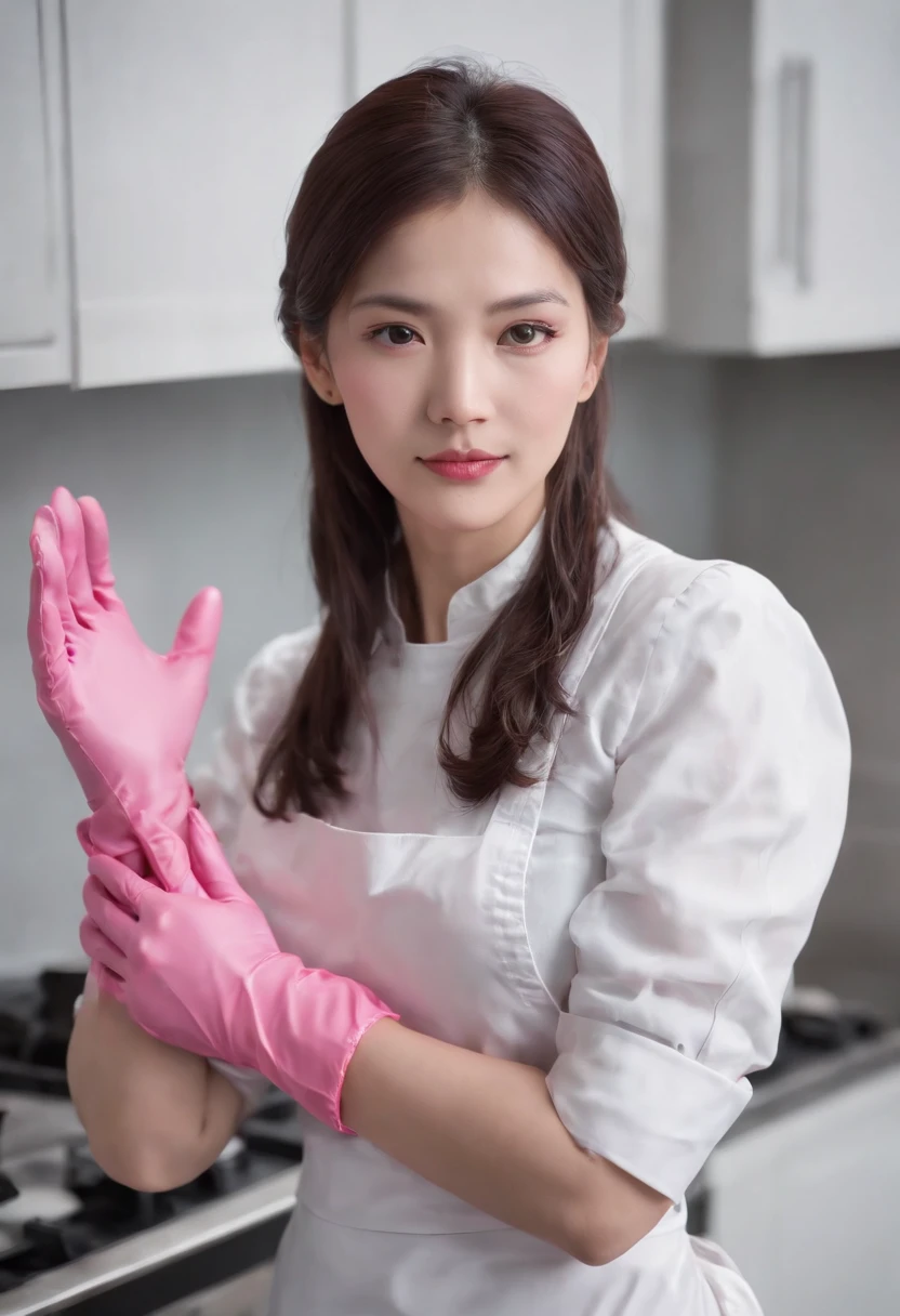 Meilin from Advanced Metal Gear Research Institute. Highly realistic. rubber glove、Pink rubber gloves、Pink cooking gloves、Long gloves、Glossy gloves、Glossy apron、Getting wet with white liquid