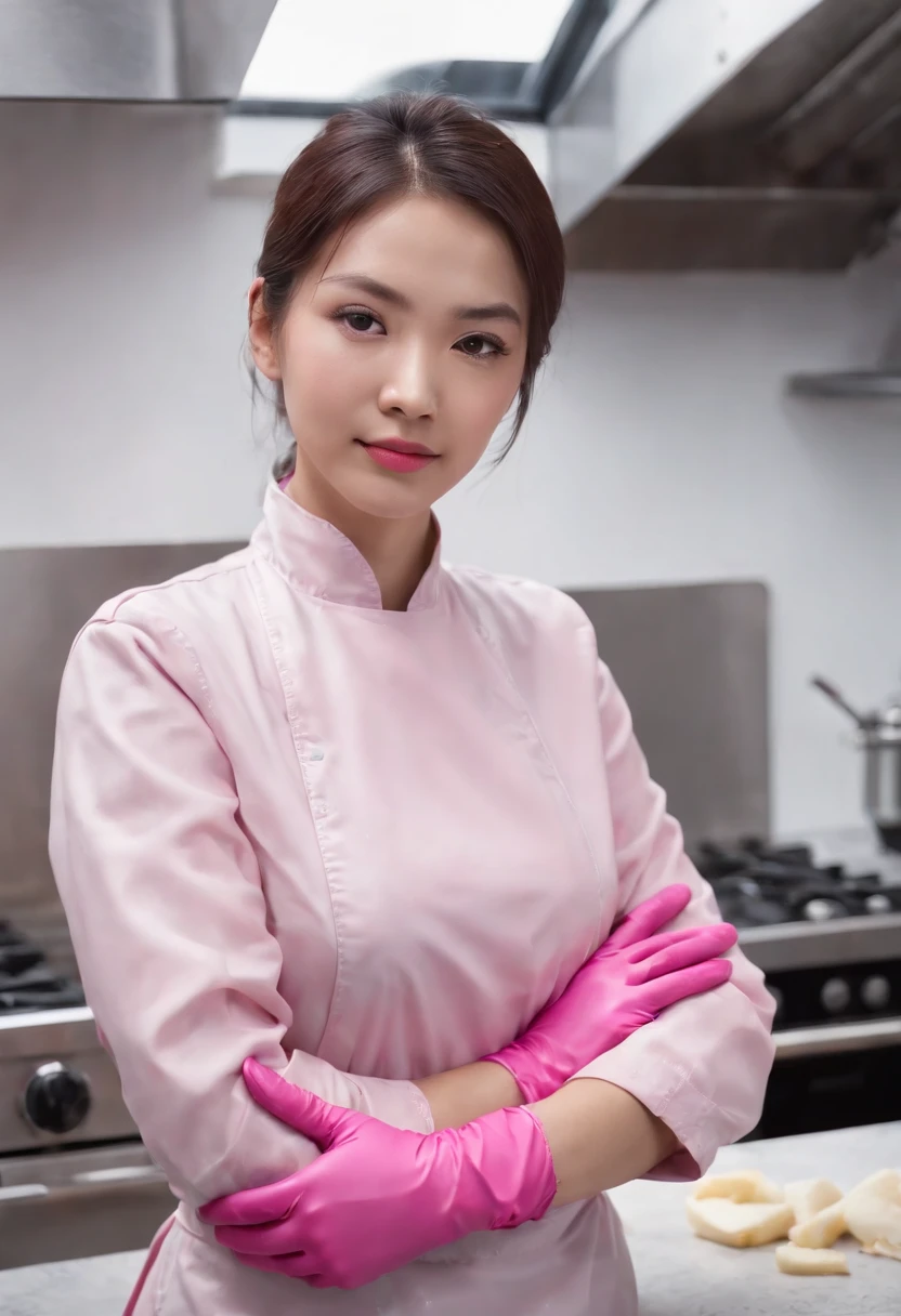 Meilin from Advanced Metal Gear Research Institute. Highly realistic. rubber glove、Pink rubber gloves、Pink cooking gloves、Long gloves、Glossy gloves、Glossy apron、Getting wet with white liquid