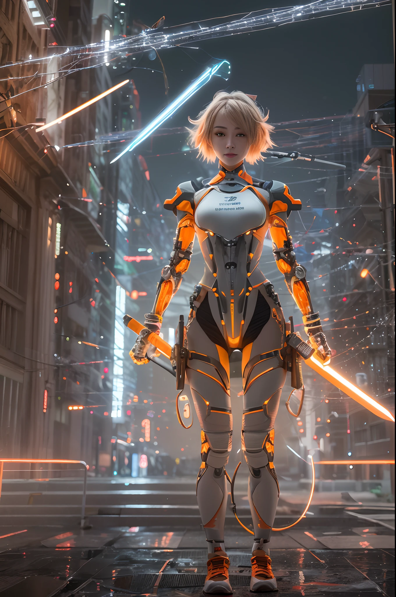 Cybernetic arm and glowing cyber girl,(J Women's Uniform,a sailor suit,White skirt,),Strenuous movements,Add a motion blur effect to simulate motion,Stand on a post-apocalyptic battlefield cityscape.Surrounded by a network of wires. Surrounded by a web of circuits. (Cyber Girl with Orange Glowing Sword:1.3), glossy light brown and orange two-tone color,,,,,,,,short-hair,disheveled ponytail,Cute smile,Perfect round face,Black eyes,A cheerful smile that makes the viewer happy,Proper body proportion,Intricate details,Very delicate and beautiful hair,photos realistic,Dreamy,Professional Lighting,realistic shadow,Solo Focus,Beautiful hands,Beautiful fingers,Detailed finger features,detailed clothes features,Detailed hair features,detailed facial features,(masutepiece,top-quality,Ultra-high resolution output image,) ,(The 8k quality,),Science fiction fantasy