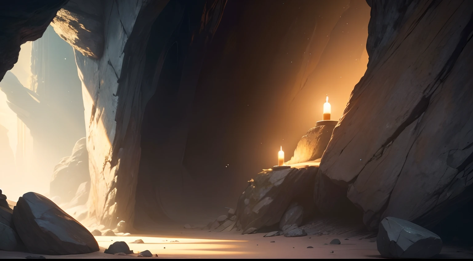 Describe the scene in the dark cave where John is meditating.
How is the divine light described when it breaks into the scene?
Give details about the seven golden seals and what they look like.