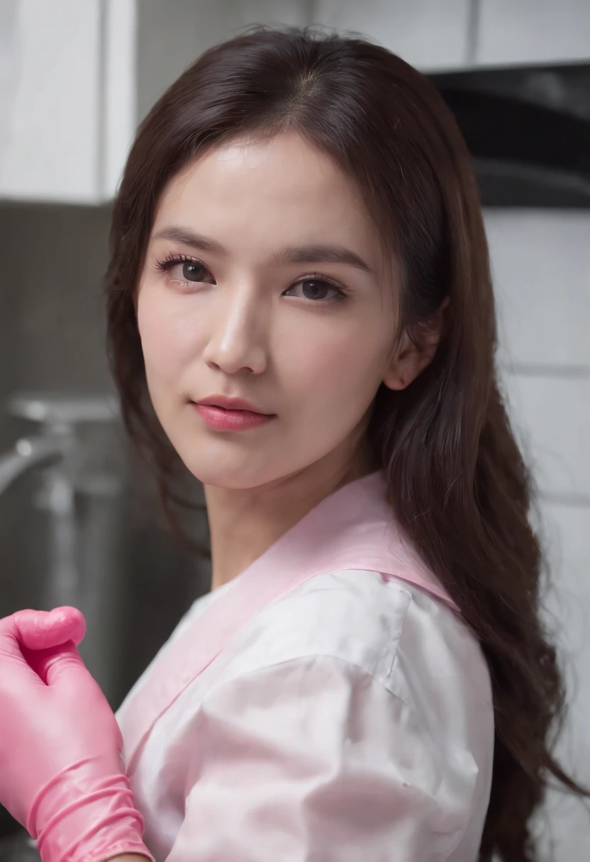 Meilin from Advanced Metal Gear Research Institute. Highly realistic. rubber glove、Pink rubber gloves、Pink cooking gloves、Long gloves、Glossy gloves、Glossy apron、Getting wet with white liquid、cum shots