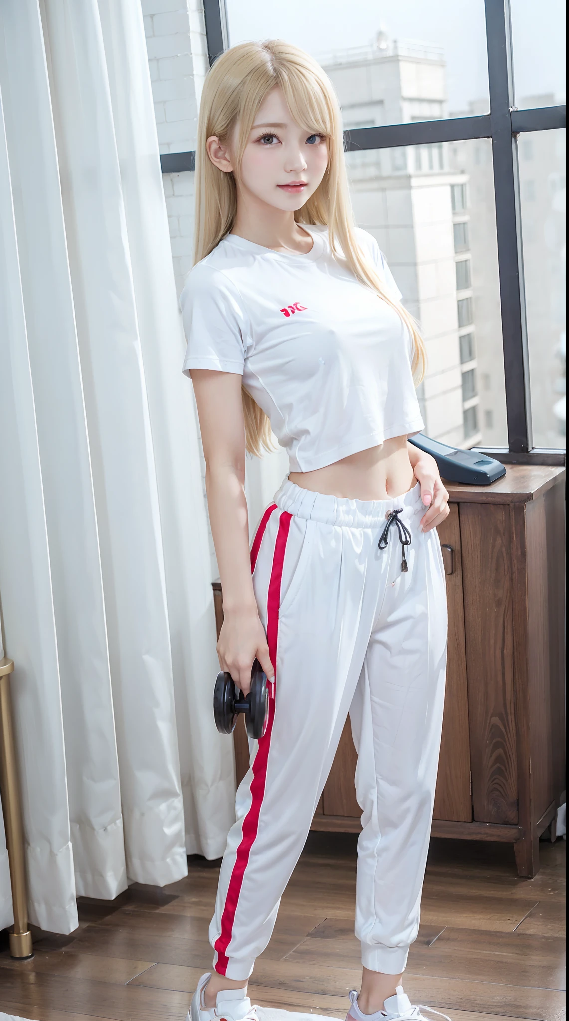 Sexy and very beautiful cute face、shiny beautiful skin、White beautiful skin、Beautiful pale light blue eyes, Beautiful very long blonde hair、(Blonde hair:1.3)、Sexy swaying bangs、18 years old cute little face beautiful girl、Long T-shirt、(White Long Trainer:1.2)、casual pants、(dynamicposes:1.4)