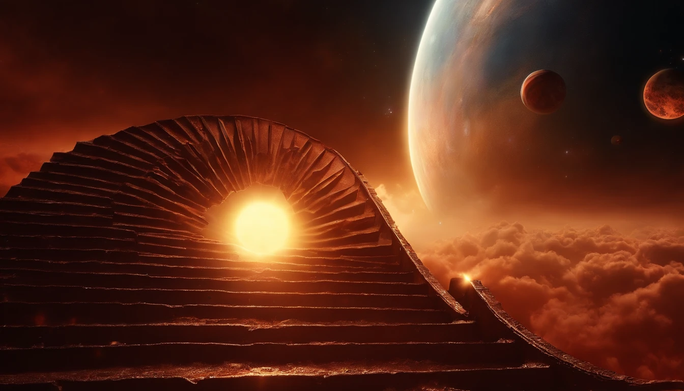 epic scene, (stairway from heaven to hell:1.8), (extremely detailed scene:1.4), bloody combat, (solar system universe sky background:1.5), (beautiful architecture: 1.5), (big flying comet across the sky:1.5)
