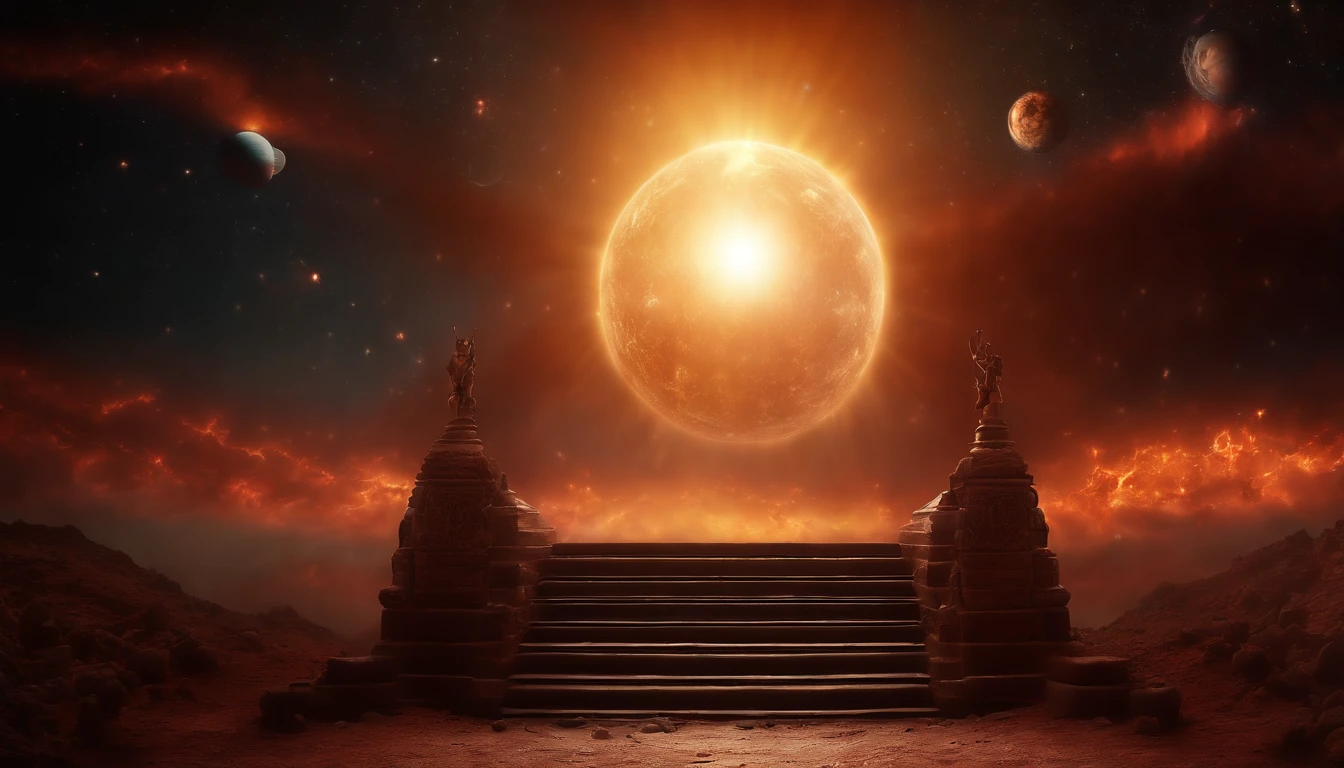 epic scene, (stairway from heaven to hell:1.8), (extremely detailed scene:1.4), bloody combat, (solar system universe sky background:1.5), (beautiful architecture: 1.5), (big flying comet across the sky:1.5)