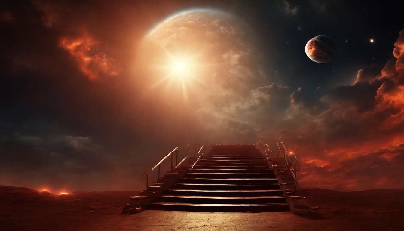 epic scene, (stairway from heaven to hell:1.8), (extremely detailed scene:1.4), bloody combat, (solar system universe sky background:1.5), (beautiful architecture: 1.5), (big flying comet across the sky:1.5)