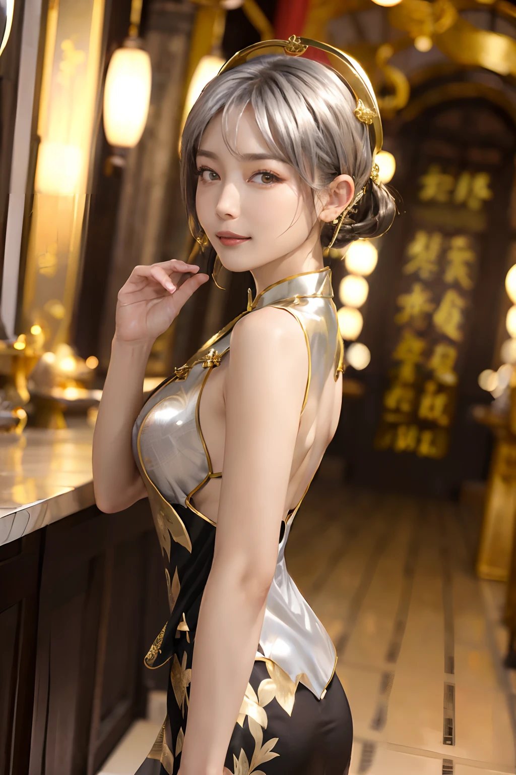 ((top-quality、8K、masterpiece:1.3)), (Cute pattern,
gold foil, Black cheongsam:1.5), Clear, Fine-grained skin、Beautiful clear eyes、cleavage of the breast、(Backshots:1.5)、Carefree and natural smile、(Medium bob,Silver hair:1.5)、(Hair disheveled in the wind:1.3)、、Beautiful girl with a smile、Citizen Pool、(thin-waist:1.3)、(Dynamic and provocative poses:1.2)、