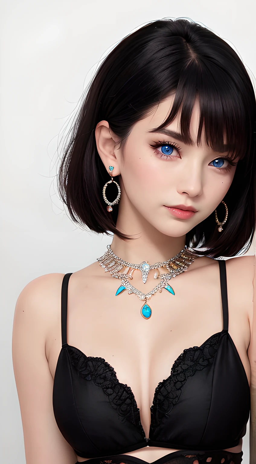 masterpiece,best quality,ultra-detailed,8K,detailed light,detailed shadow,RAW, (detailed skin),(realistic:1.2),
1girl,face, close up, detailed light, detailed shadow
pilyeon, jewelry, black short hair with fringe, looking at viewer, necklace,piercing, white background, heart, closed mouth, blue eyes, nail polish, simple background, black hair, ear piercing, smile, eyelashes, coral lips, wept bangs, bracelet, gem, earrings
