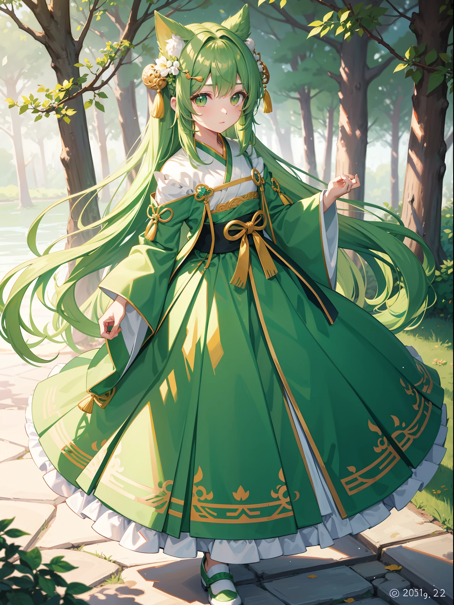 character portrait closeup，sketching，.tchibi，The hair adorns a tree，Kawaii little girl, Green long hair，green pupills,full bodyesbian，Faraway view，Green full body Hanfu，baggy，Green princess shoes，standing on your feet，Green court hair ornaments，Green robe，Long skirt，loong background