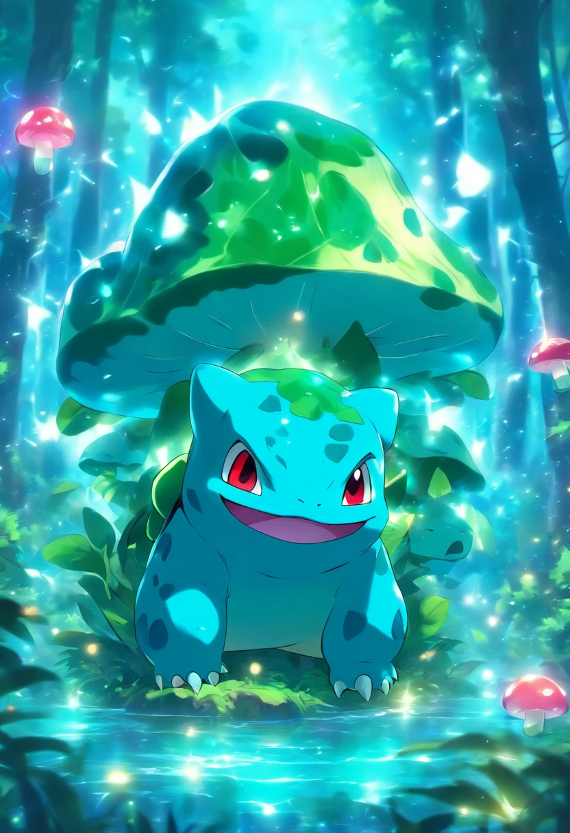 A Bulbasaur in a magical forest, There are magical mushrooms, big trees, flying fish, Mainly blue and green, Bulbasaur,  , There is the glowing Bulbasaur,Looks impressive