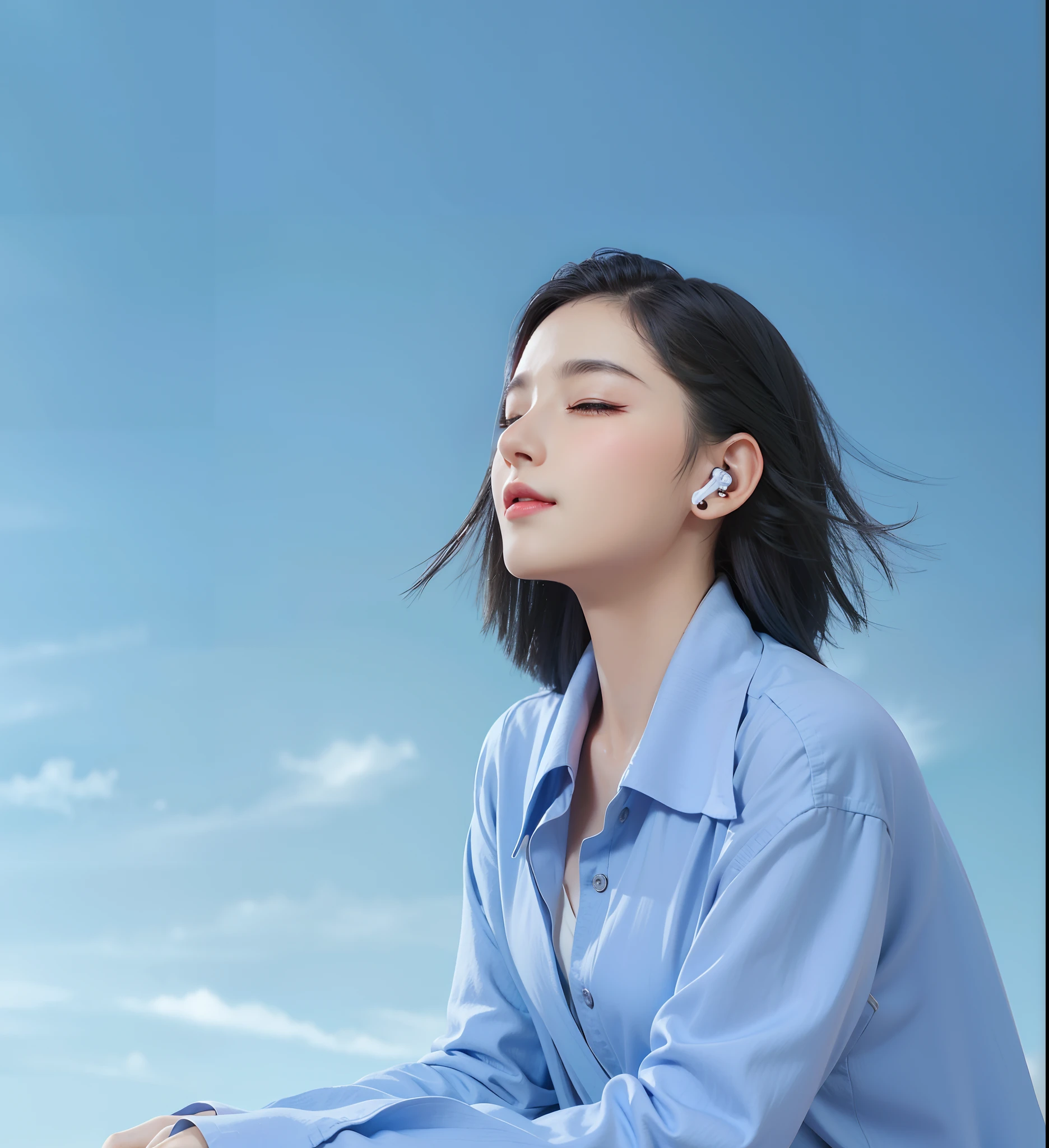 Araved woman sitting on windowsill with her eyes closed, Inspired by Huang Ji, inspired by Huang Gongwang, shaxi, inspired by Hua Yan, Inspired by Wang Hui, inspired by Chen Daofu, inspired by Chen Chi, Inspired by Xiao Yuncong, earbuds, inspired by Jiang Tingxi, 4 ), 6k, jia
