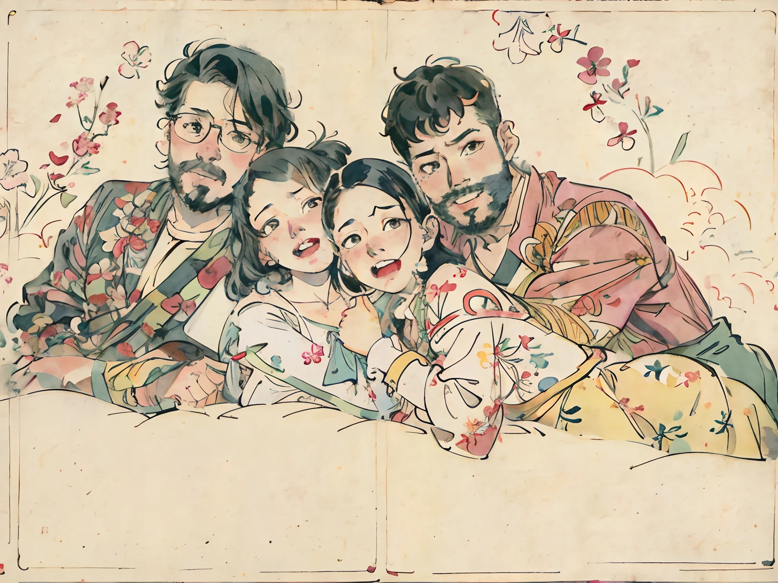 there are three people that are sitting together on the ground, sachin teng, in the style of sachin teng, jc leyendecker and sachin teng, family portrait, beautiful painting of friends, detailed fanart, satoshi kon artstyle, by Yanagawa Nobusada, official fanart, conrad roset and makoto shinkai, portrait illustration, illustration line art style