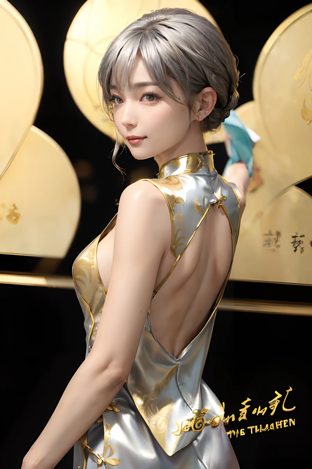 ((top-quality、8K、masterpiece:1.3)), (Cute pattern,
gold foil, Black cheongsam:1.5), Clear, Fine-grained skin、Beautiful clear eyes、cleavage of the breast、(Backshots:1.5)、Carefree and natural smile、(Medium bob,Silver hair:1.5)、(Hair disheveled in the wind:1.3)、、Beautiful girl with a smile、Citizen Pool、(thin-waist:1.3)、(Dynamic and provocative poses:1.2)、
